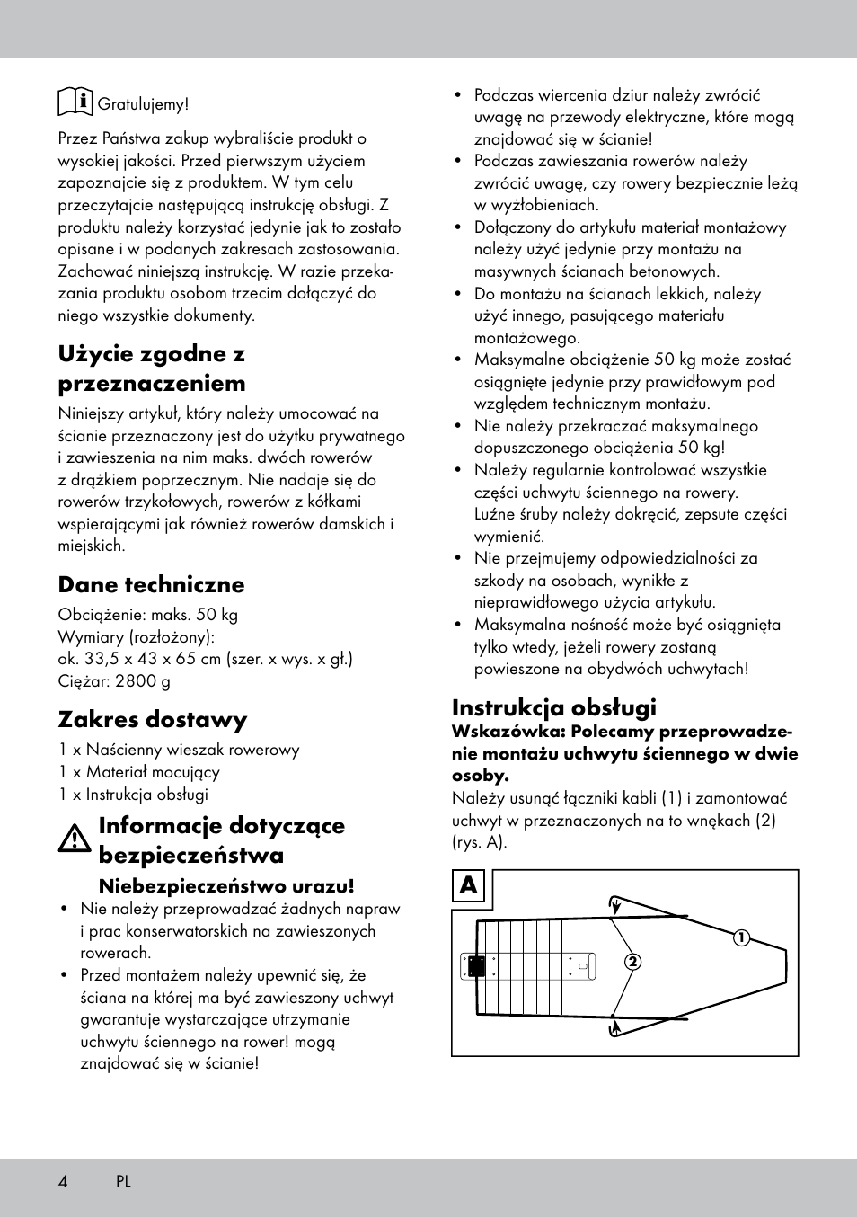 Użycie zgodne z przeznaczeniem, Dane techniczne, Zakres dostawy | Informacje dotyczące bezpieczeństwa, Instrukcja obsługi | Powerfix Bicycle Wall Bracket User Manual | Page 4 / 16