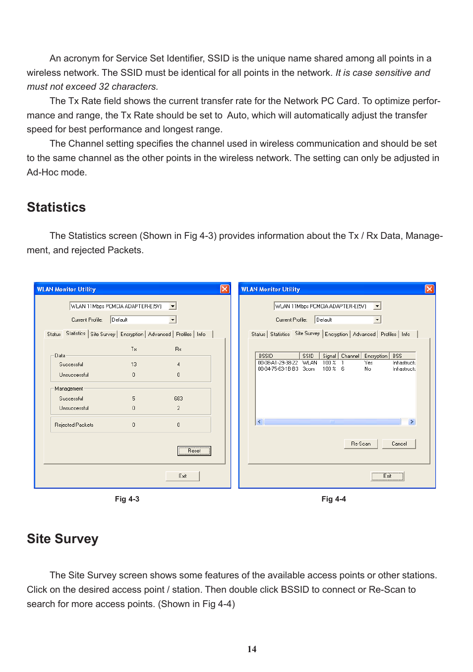 Statistics, Site survey | Chenbro Wireless LAN PC Card 11Mbps User Manual | Page 15 / 30