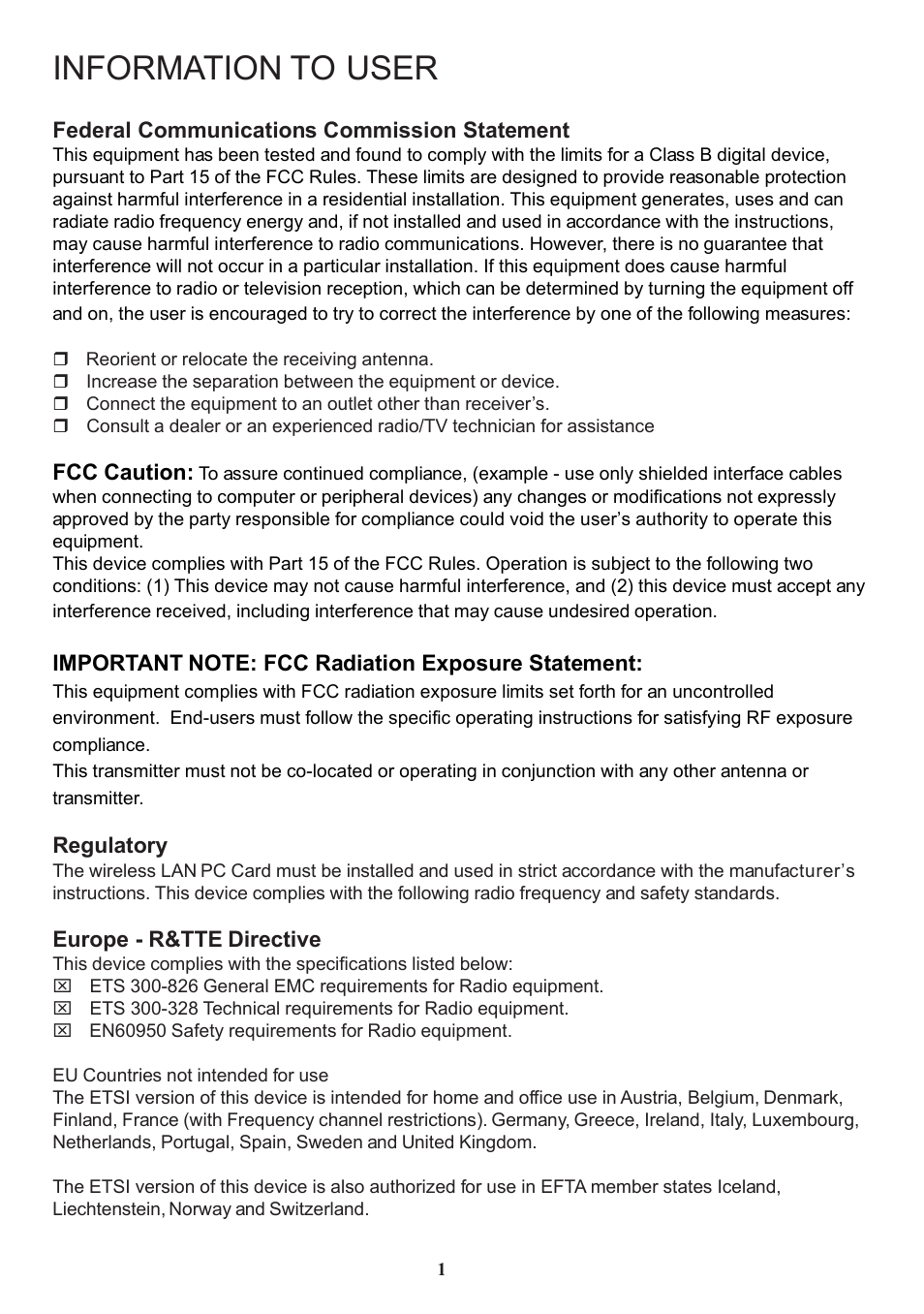 Information to user | Chenbro Wireless LAN PC Card 11Mbps User Manual | Page 2 / 30