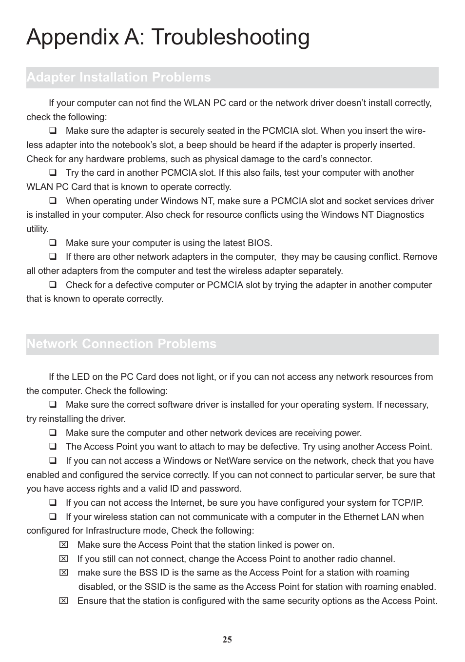Appendix a: troubleshooting, Adapter installation problems, Network connection problems | Chenbro Wireless LAN PC Card 11Mbps User Manual | Page 26 / 30