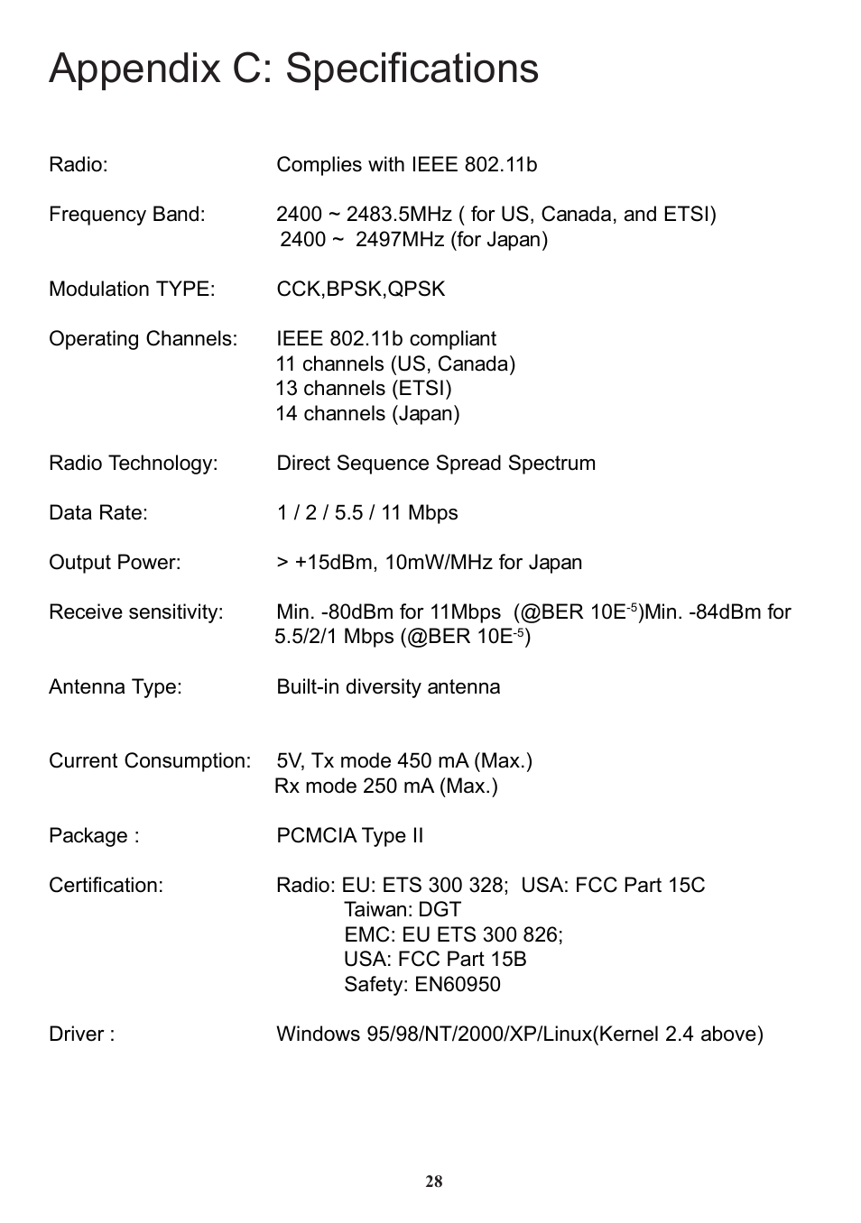 Appendix c: specifications | Chenbro Wireless LAN PC Card 11Mbps User Manual | Page 29 / 30