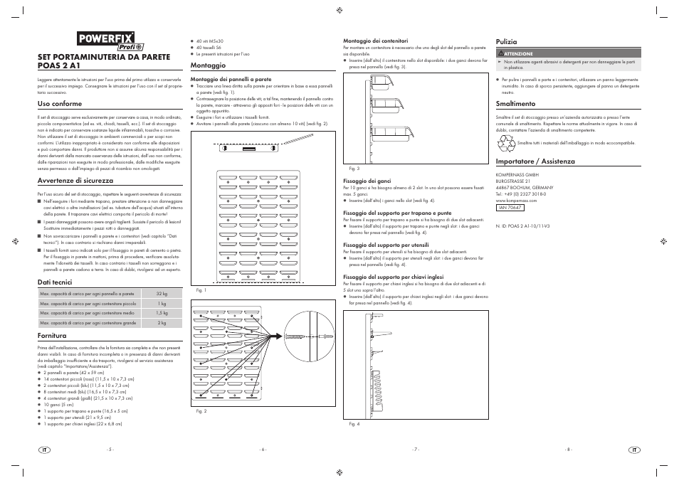 Set portaminuteria da parete poas 2 a1, Uso conforme, Avvertenze di sicurezza | Dati tecnici, Fornitura, Montaggio, Pulizia, Smaltimento, Importatore / assistenza | Powerfix POAS 2 A1 User Manual | Page 2 / 5