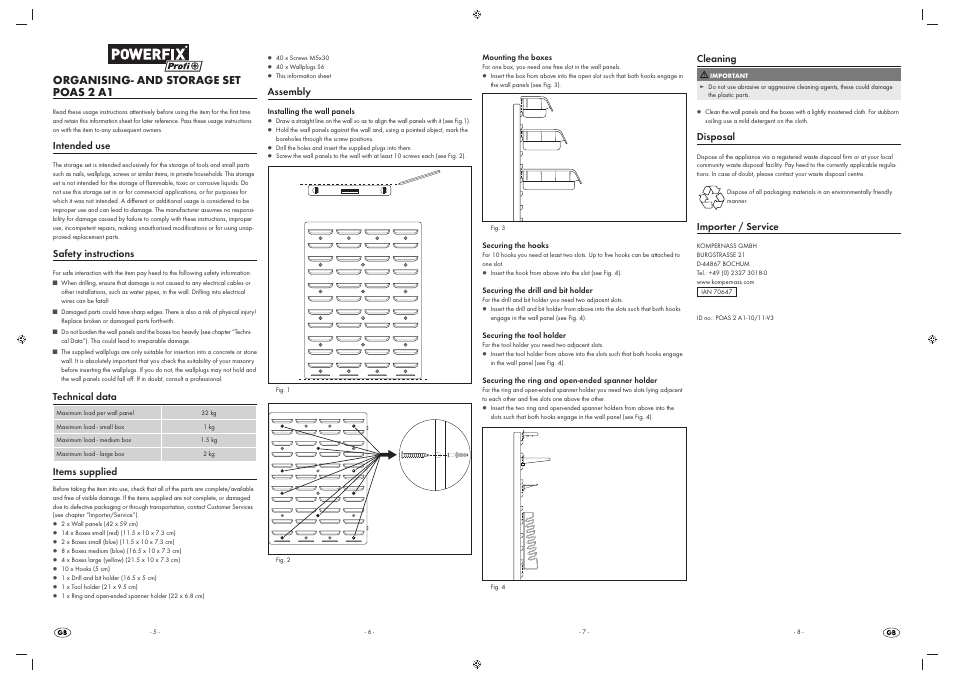 Organising- and storage set poas 2 a1, Intended use, Safety instructions | Technical data, Items supplied, Assembly, Cleaning, Disposal, Importer / service | Powerfix POAS 2 A1 User Manual | Page 4 / 5