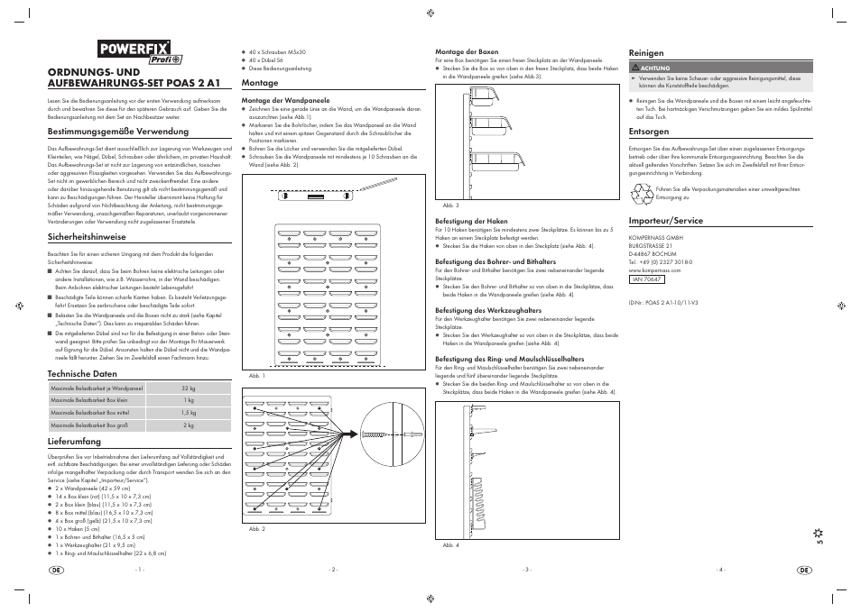 Ordnungs- und aufbewahrungs-set poas 2 a1, Bestimmungsgemäße verwendung, Sicherheitshinweise | Technische daten, Lieferumfang, Montage, Reinigen, Entsorgen, Importeur/service | Powerfix POAS 2 A1 User Manual | Page 5 / 5