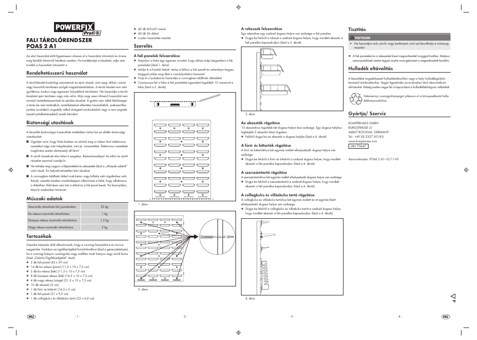 Fali tárolórendszer poas 2 a1, Rendeltetésszerű használat, Biztonsági utasítások | Műszaki adatok, Tartozékok, Szerelés, Tisztítás, Hulladék eltávolítás, Gyártja/ szerviz | Powerfix POAS 2 A1 User Manual | Page 3 / 6