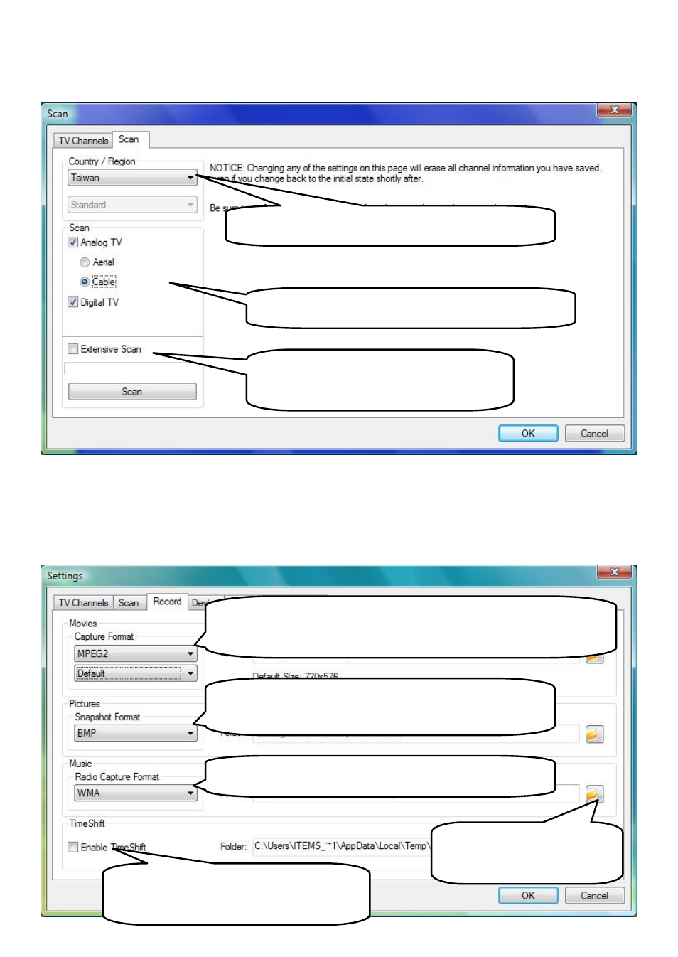 Settings scan, Settings record | Chenbro TVExpert 874-00101 User Manual | Page 15 / 17