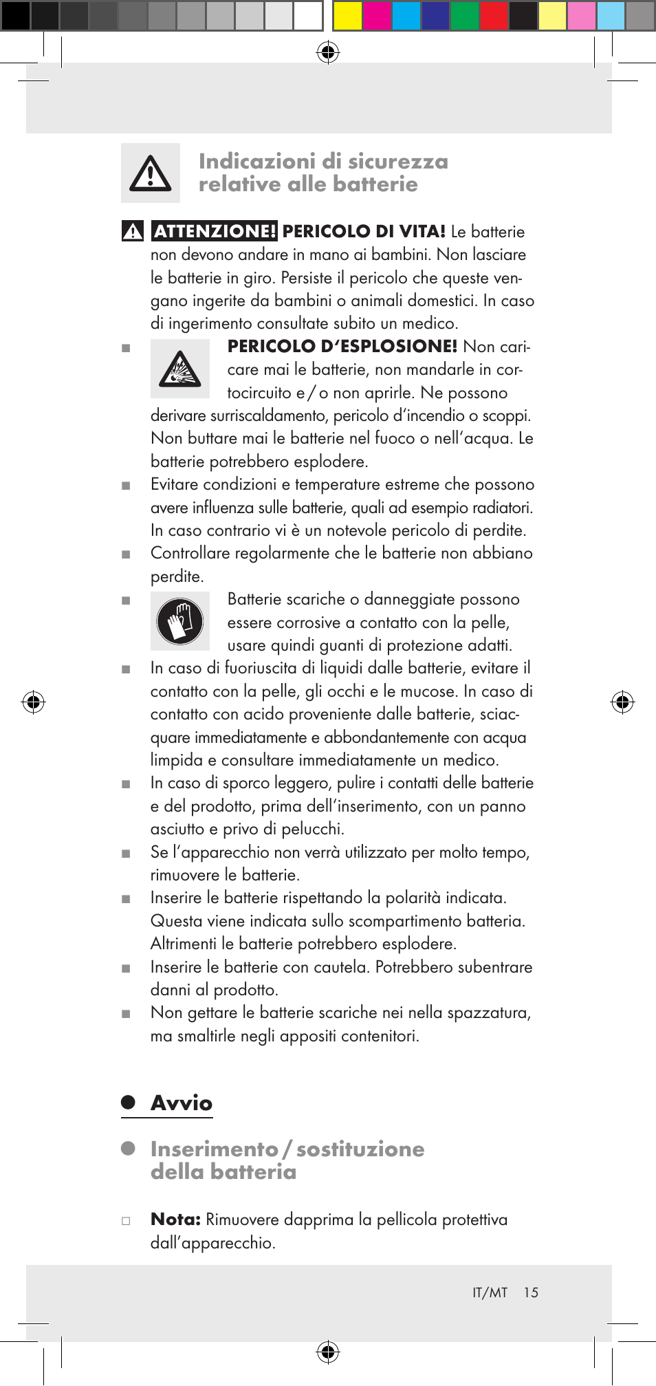 Indicazioni di sicurezza relative alle batterie, Avvio, Inserimento / sostituzione della batteria | Powerfix Z29948 User Manual | Page 15 / 36