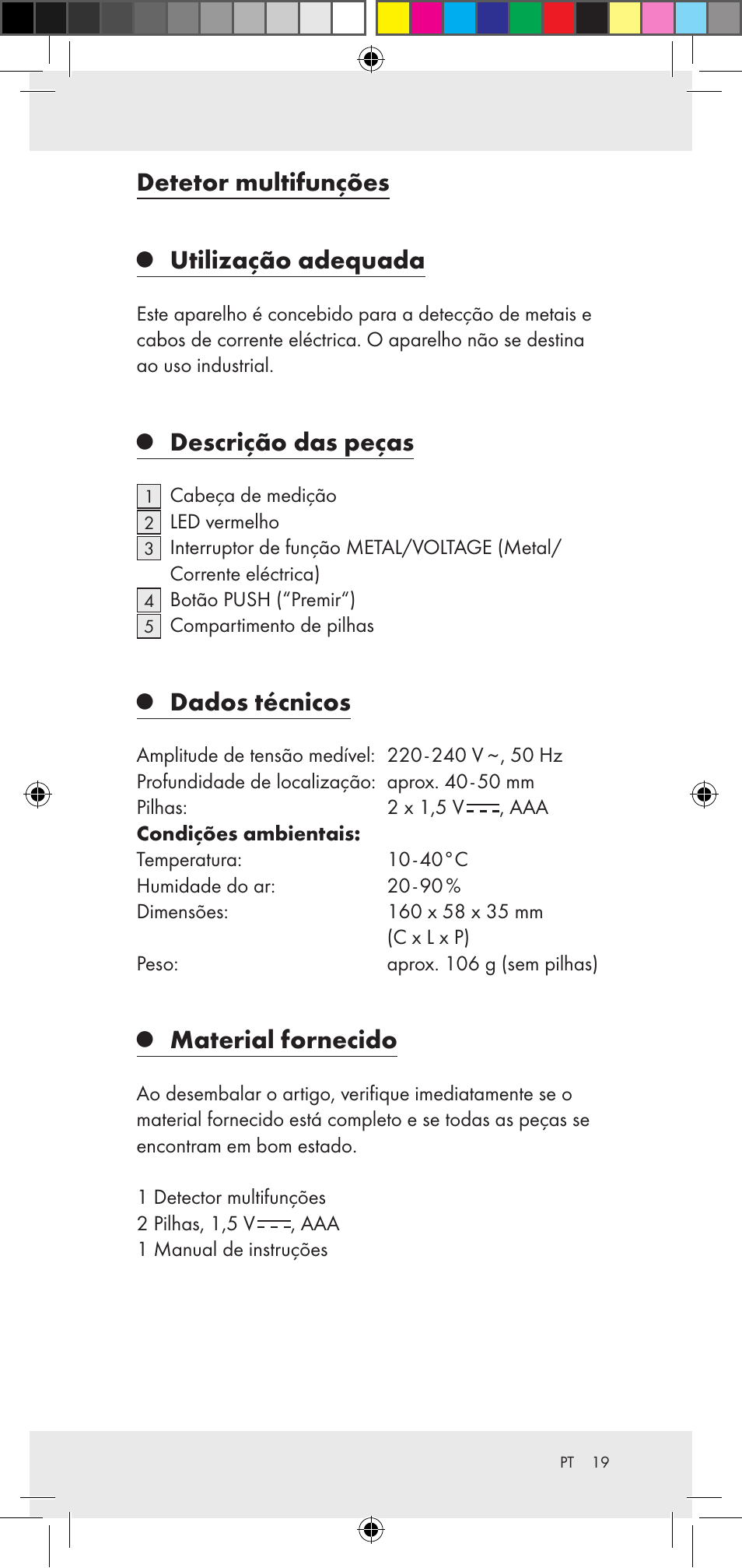 Detetor multifunções, Utilização adequada, Descrição das peças | Dados técnicos, Material fornecido | Powerfix Z29948 User Manual | Page 19 / 36