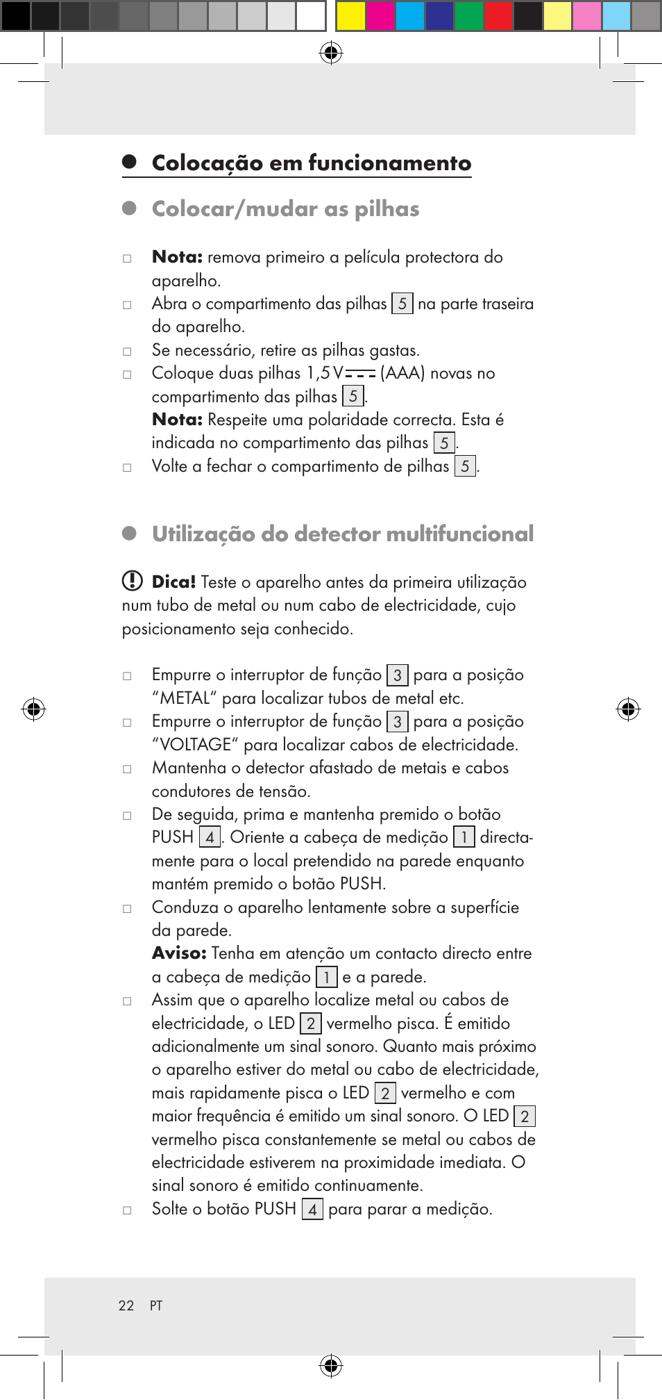 Colocação em funcionamento, Colocar/mudar as pilhas, Utilização do detector multifuncional | Powerfix Z29948 User Manual | Page 22 / 36