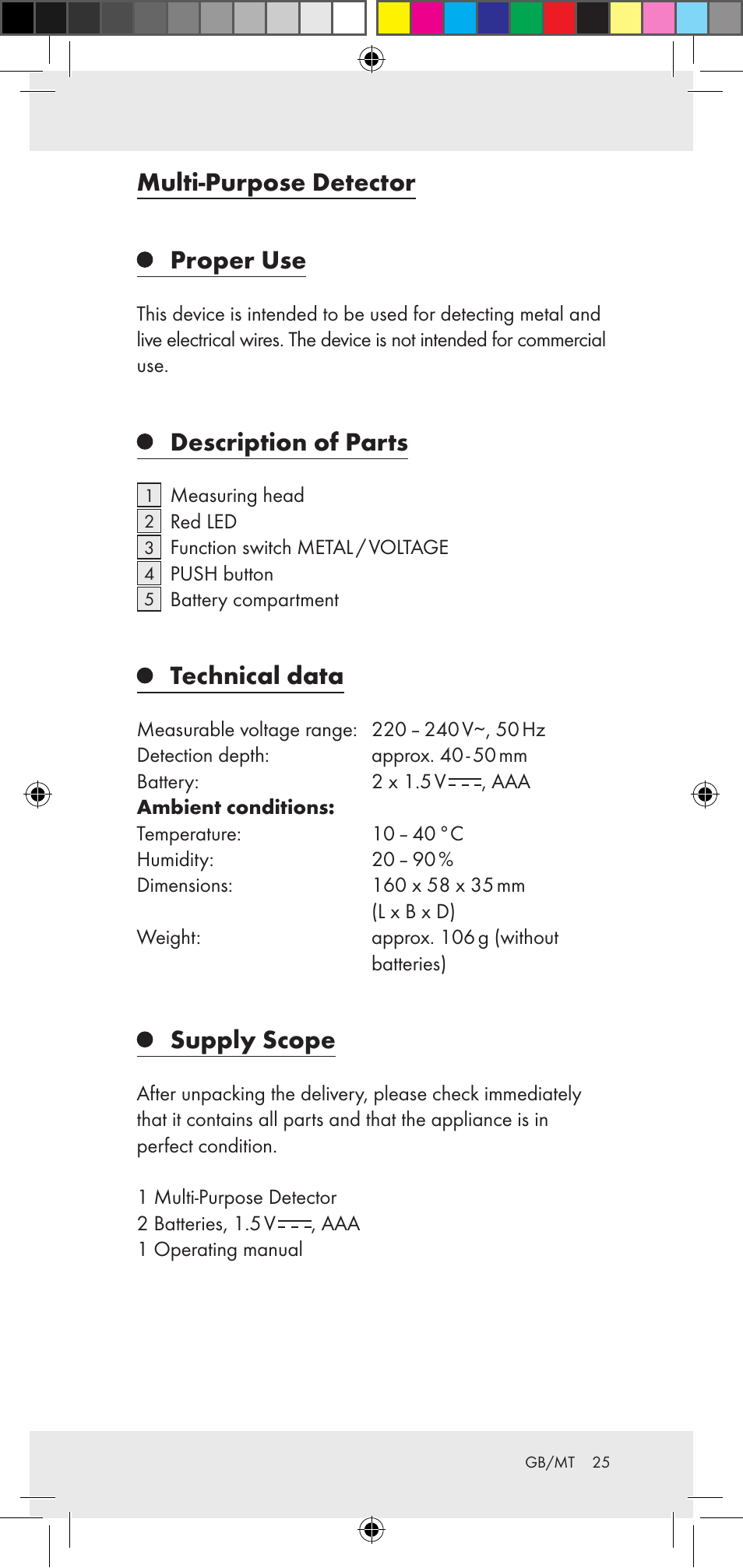 Multi-purpose detector, Proper use, Description of parts | Technical data, Supply scope | Powerfix Z29948 User Manual | Page 25 / 36