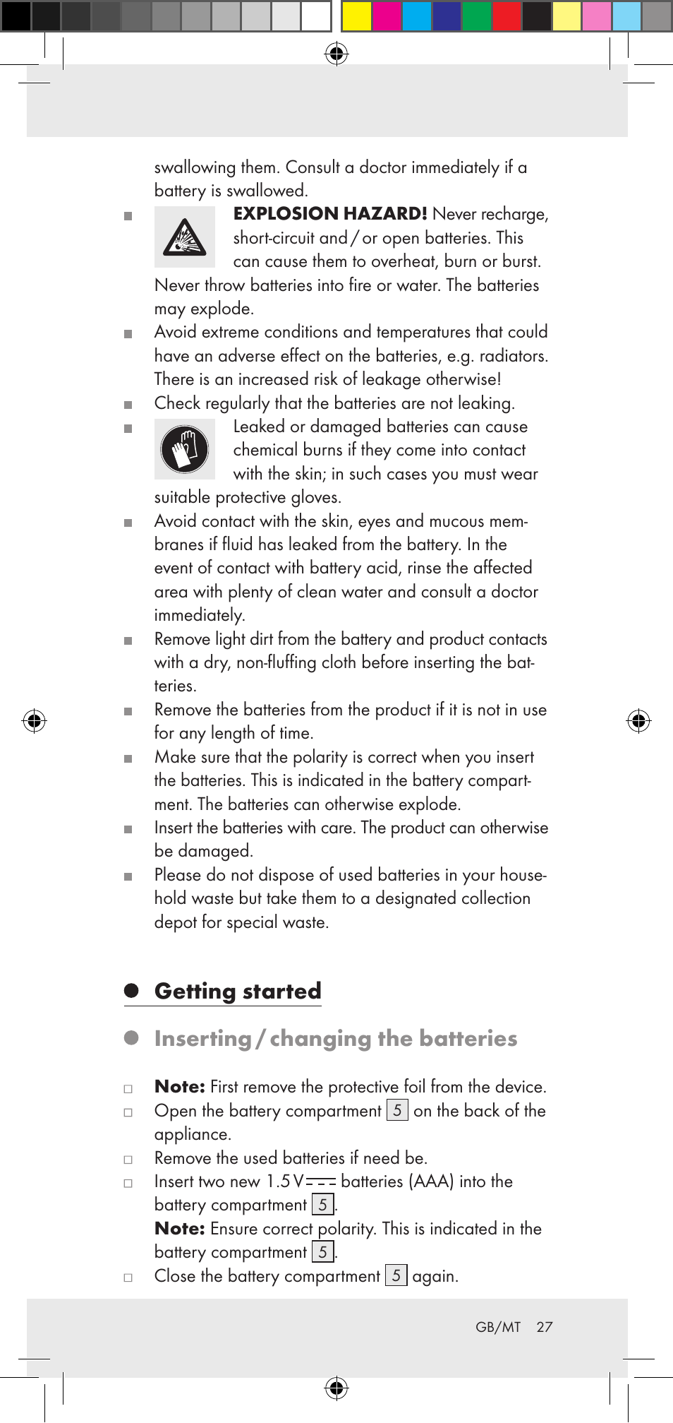 Getting started, Inserting / changing the batteries | Powerfix Z29948 User Manual | Page 27 / 36