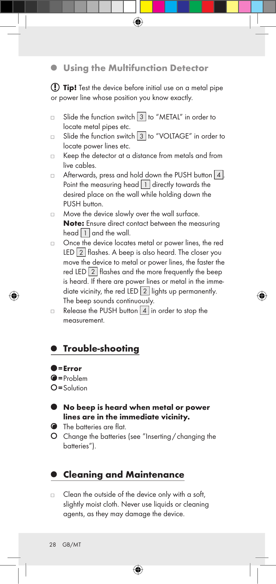 Using the multifunction detector, Trouble-shooting, Cleaning and maintenance | Powerfix Z29948 User Manual | Page 28 / 36