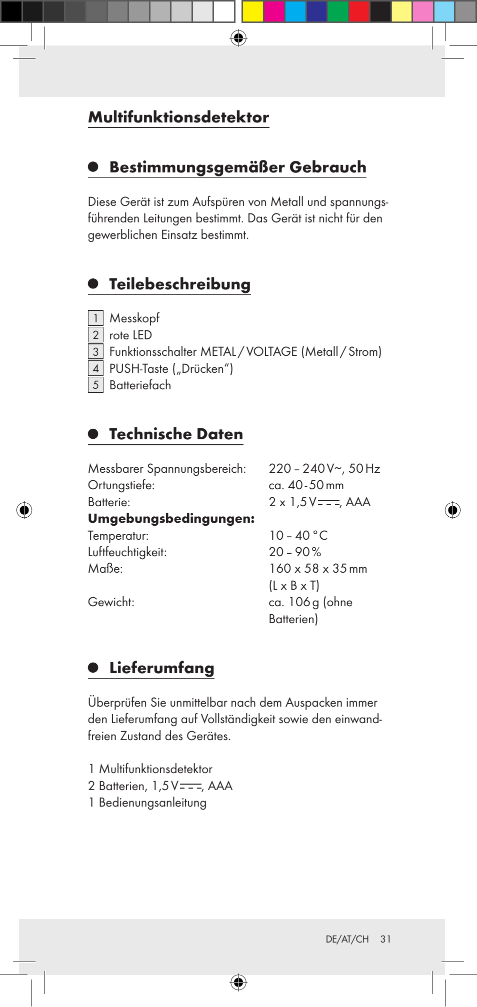 Multifunktionsdetektor bestimmungsgemäßer gebrauch, Teilebeschreibung, Technische daten | Lieferumfang | Powerfix Z29948 User Manual | Page 31 / 36