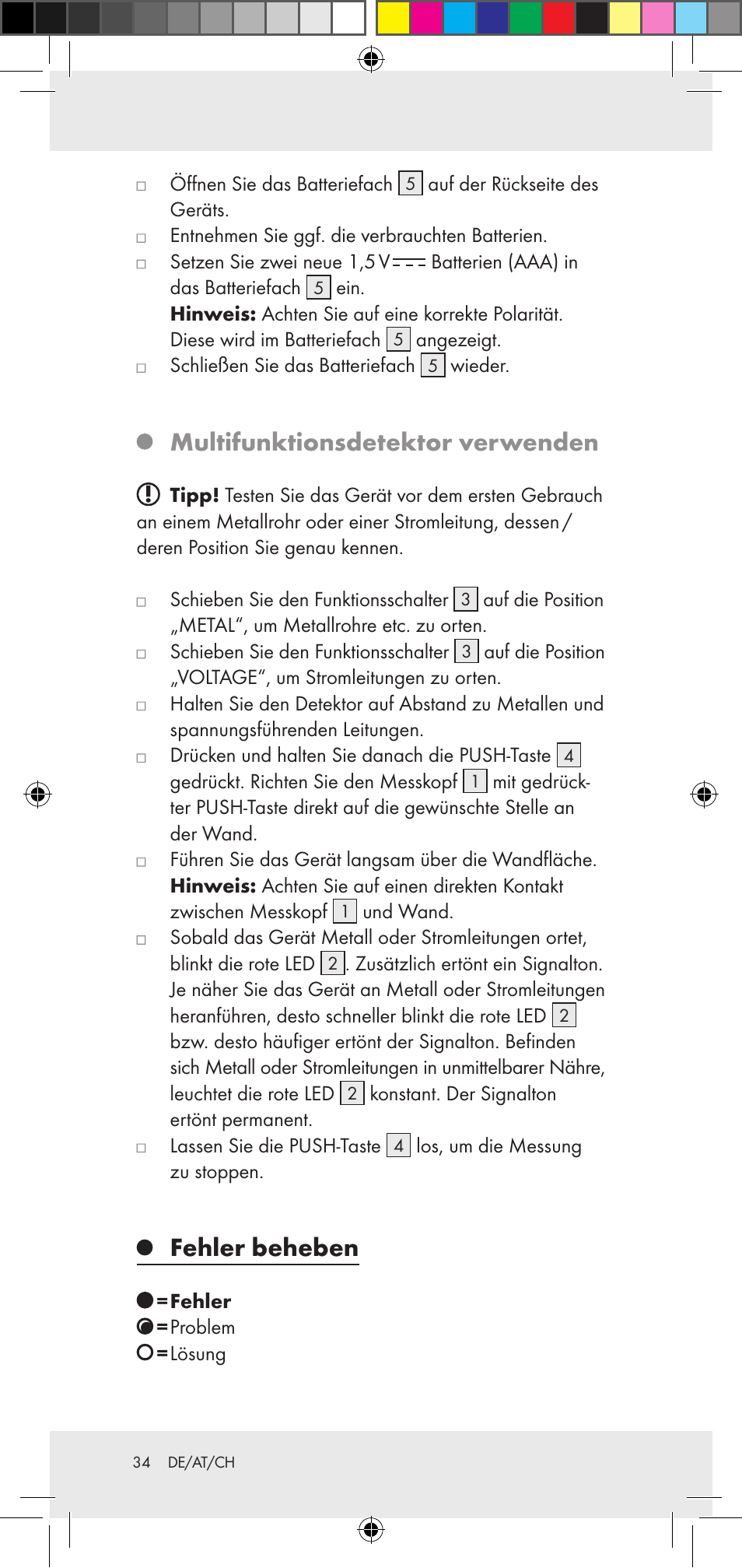 Multifunktionsdetektor verwenden, Fehler beheben | Powerfix Z29948 User Manual | Page 34 / 36