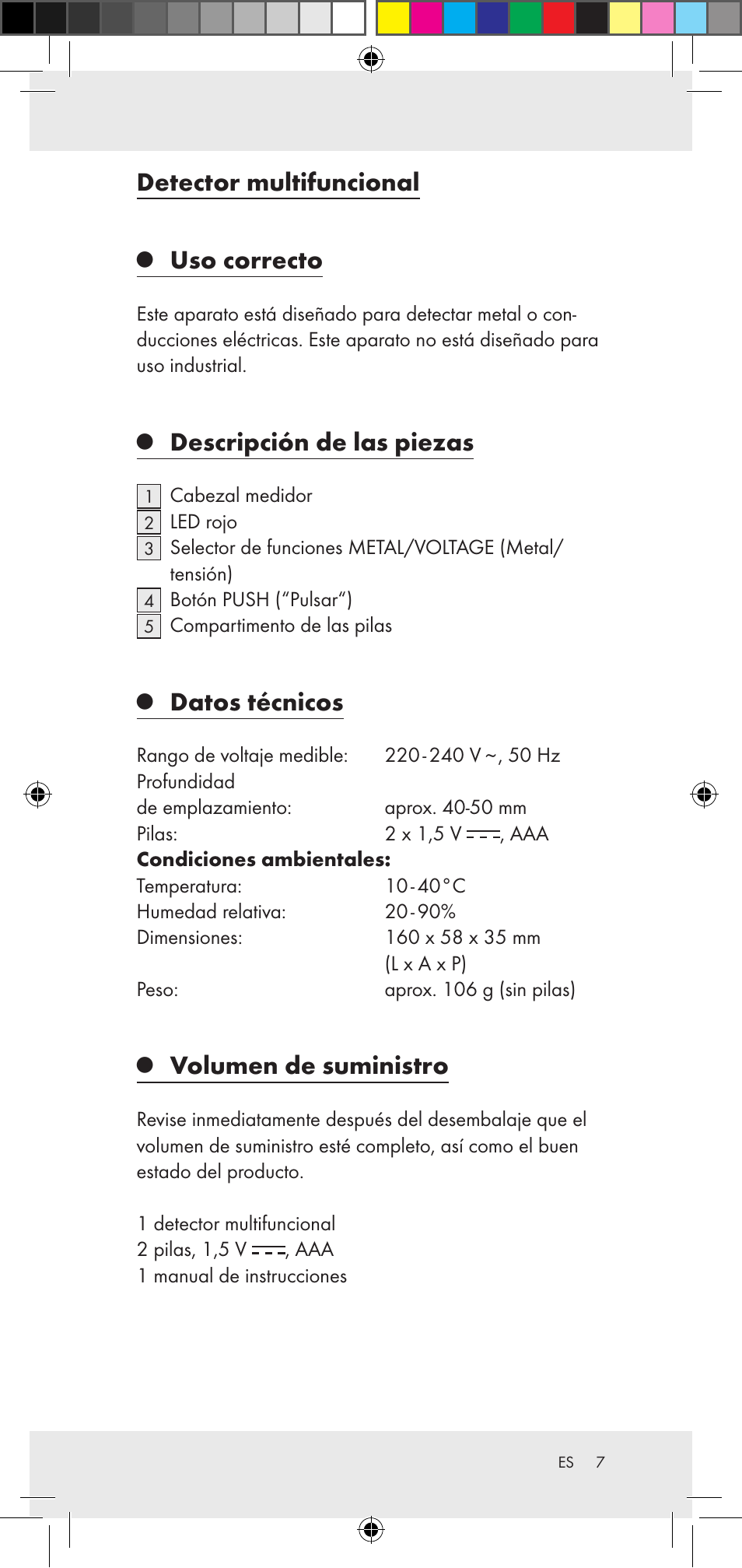Detector multifuncional, Uso correcto, Descripción de las piezas | Datos técnicos, Volumen de suministro | Powerfix Z29948 User Manual | Page 7 / 36