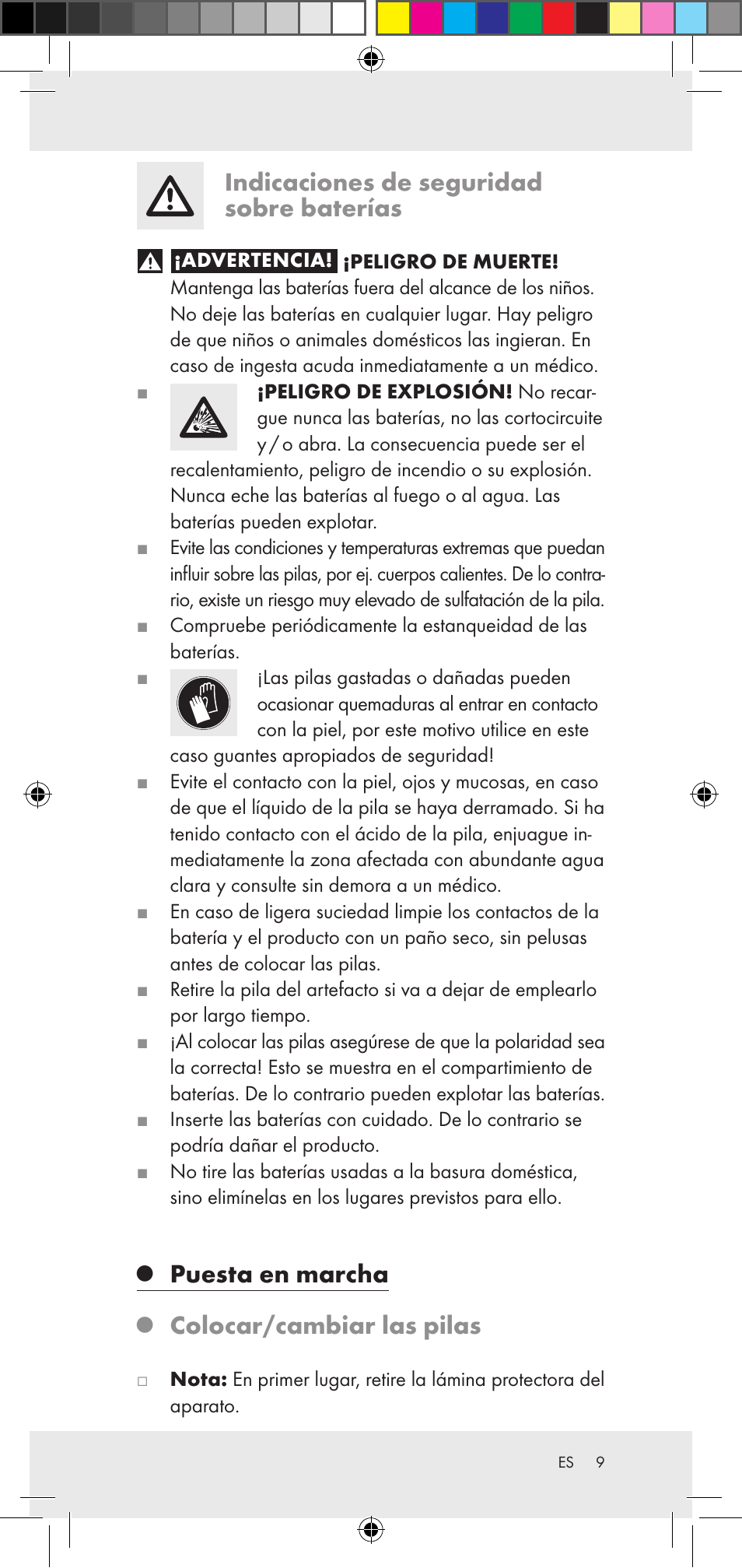 Indicaciones de seguridad sobre baterías, Puesta en marcha, Colocar/cambiar las pilas | Powerfix Z29948 User Manual | Page 9 / 36