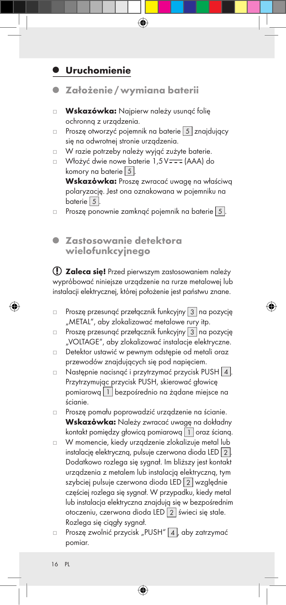 Uruchomienie, Założenie / wymiana baterii, Zastosowanie detektora wielofunkcyjnego | Powerfix Z29948 User Manual | Page 16 / 50