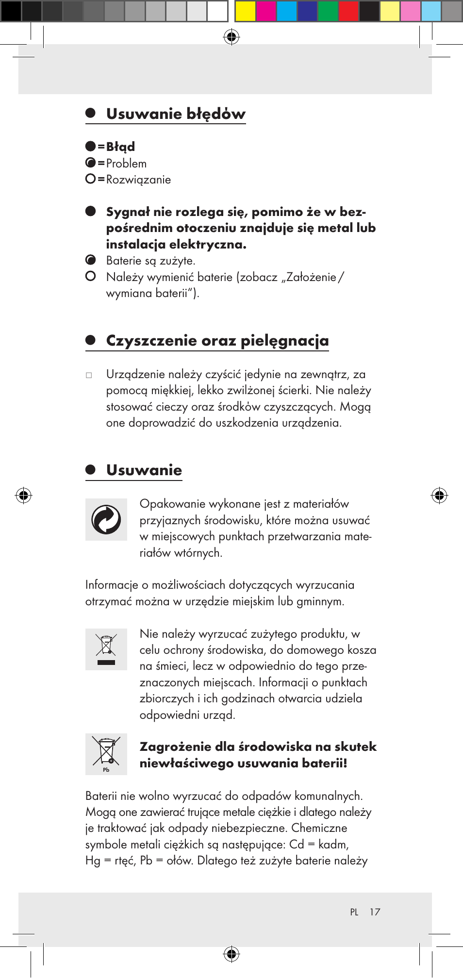 Usuwanie błędόw, Czyszczenie oraz pielęgnacja, Usuwanie | Powerfix Z29948 User Manual | Page 17 / 50