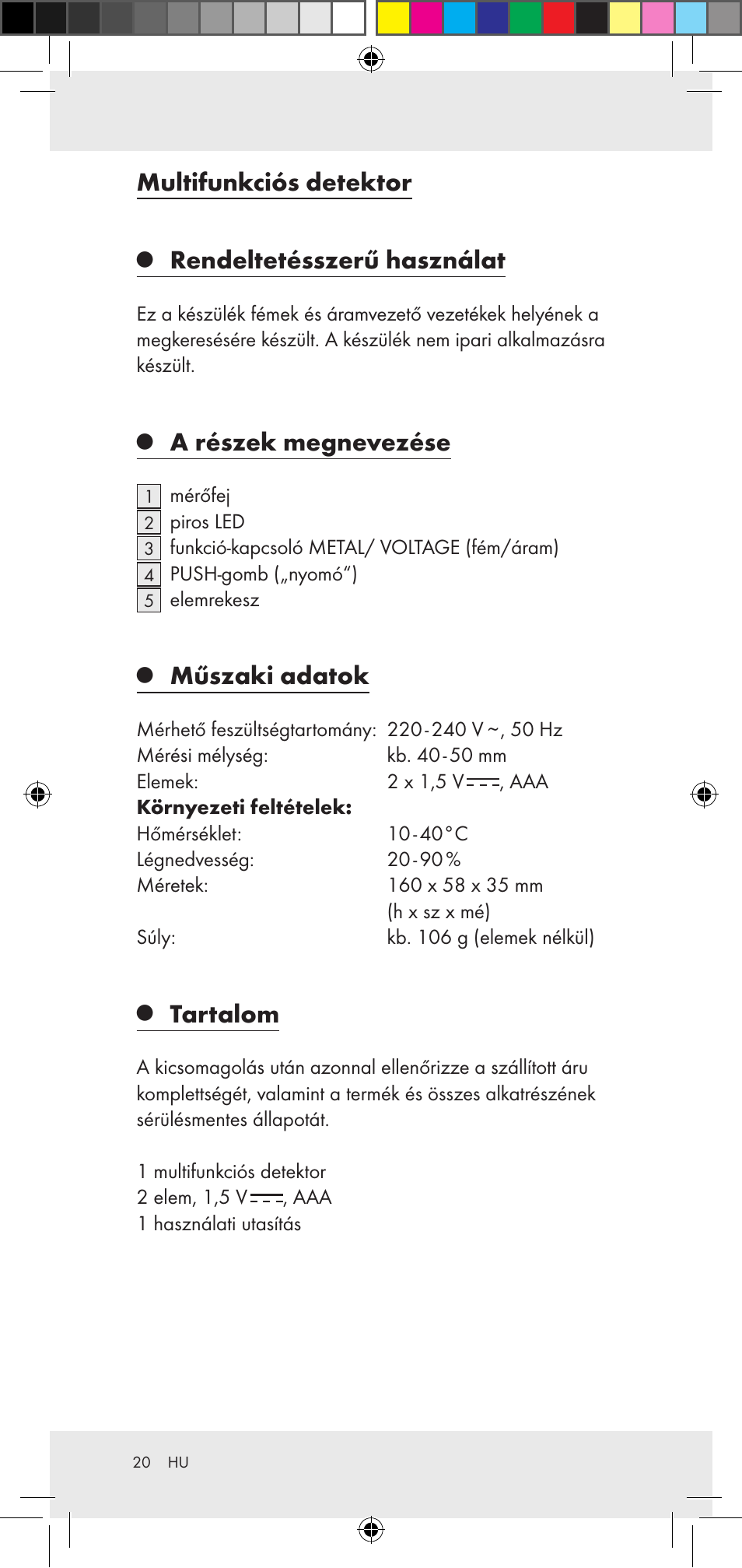 Multifunkciós detektor, Rendeltetésszerű használat, A részek megnevezése | Műszaki adatok, Tartalom | Powerfix Z29948 User Manual | Page 20 / 50