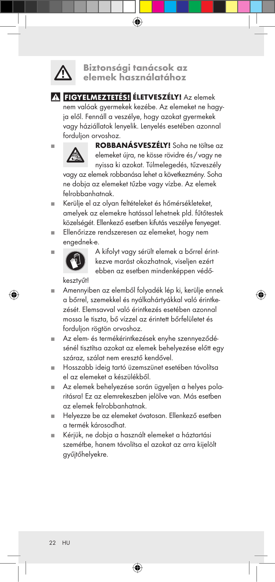 Biztonsági tanácsok az elemek használatához | Powerfix Z29948 User Manual | Page 22 / 50