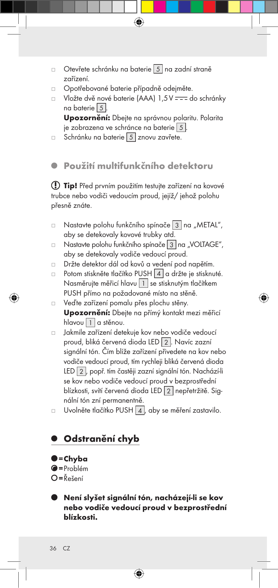 Použití multifunkčního detektoru, Odstranění chyb | Powerfix Z29948 User Manual | Page 36 / 50