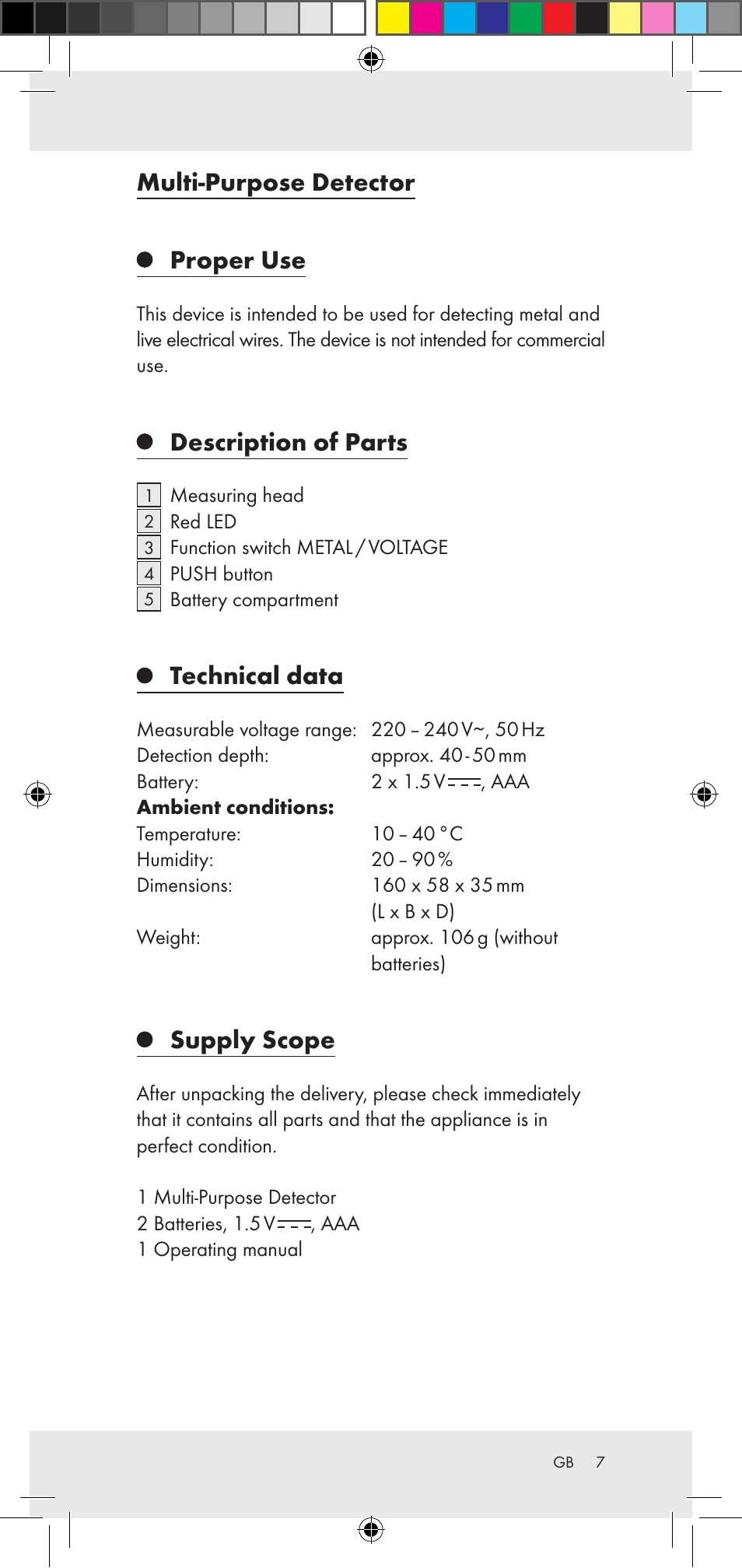 Multi-purpose detector, Proper use, Description of parts | Technical data, Supply scope | Powerfix Z29948 User Manual | Page 7 / 50