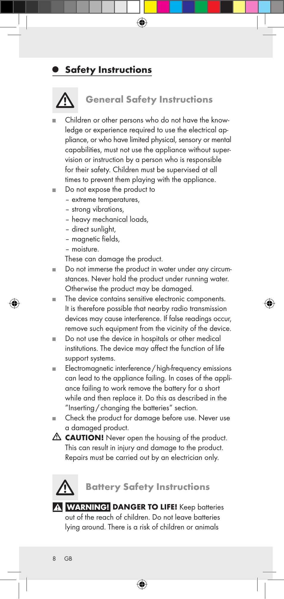 Safety instructions general safety instructions, Battery safety instructions | Powerfix Z29948 User Manual | Page 8 / 50