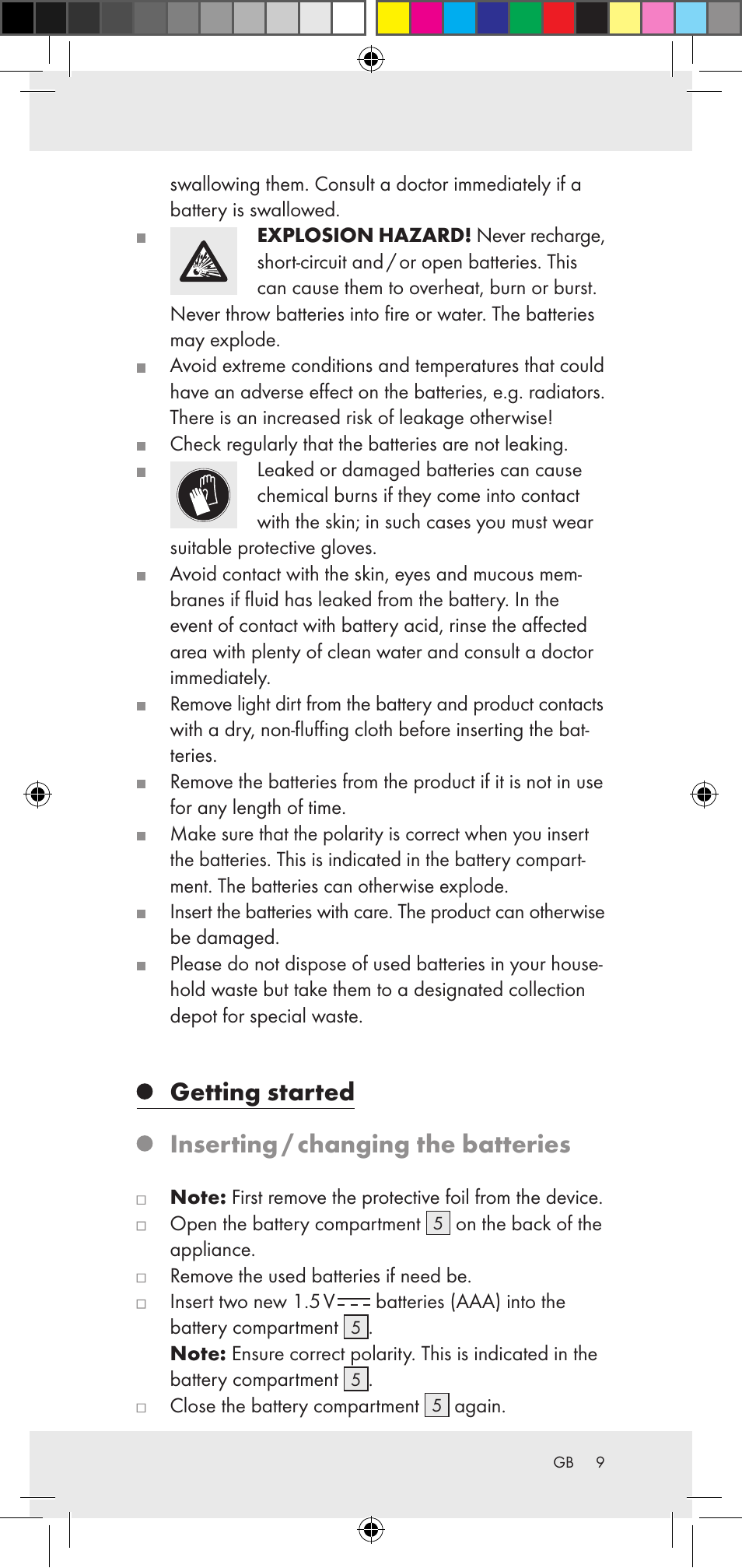 Getting started, Inserting / changing the batteries | Powerfix Z29948 User Manual | Page 9 / 50