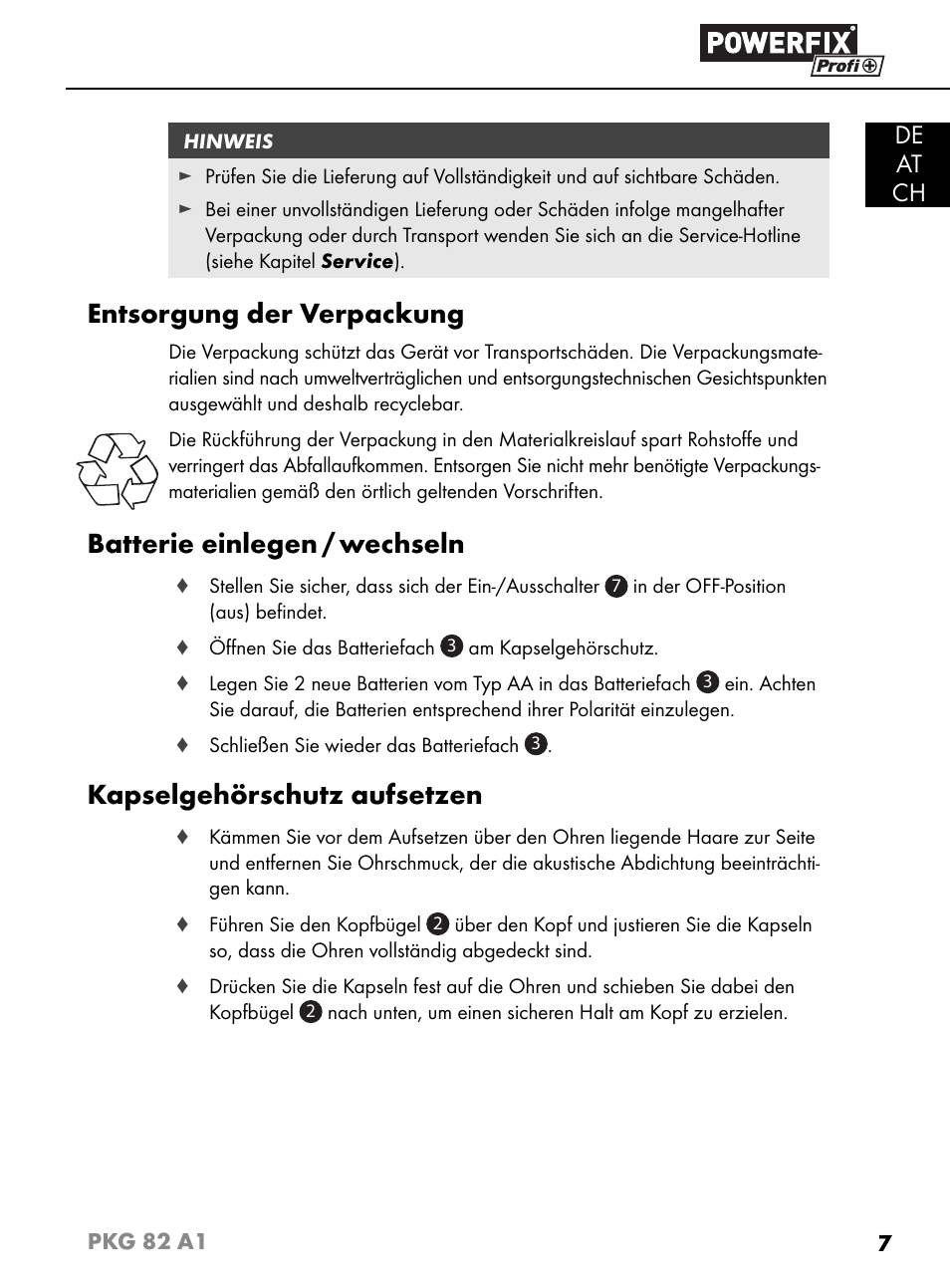 Entsorgung der verpackung, Batterie einlegen / wechseln, Kapselgehörschutz aufsetzen | De at ch | Powerfix PKG 82 A1 User Manual | Page 10 / 84