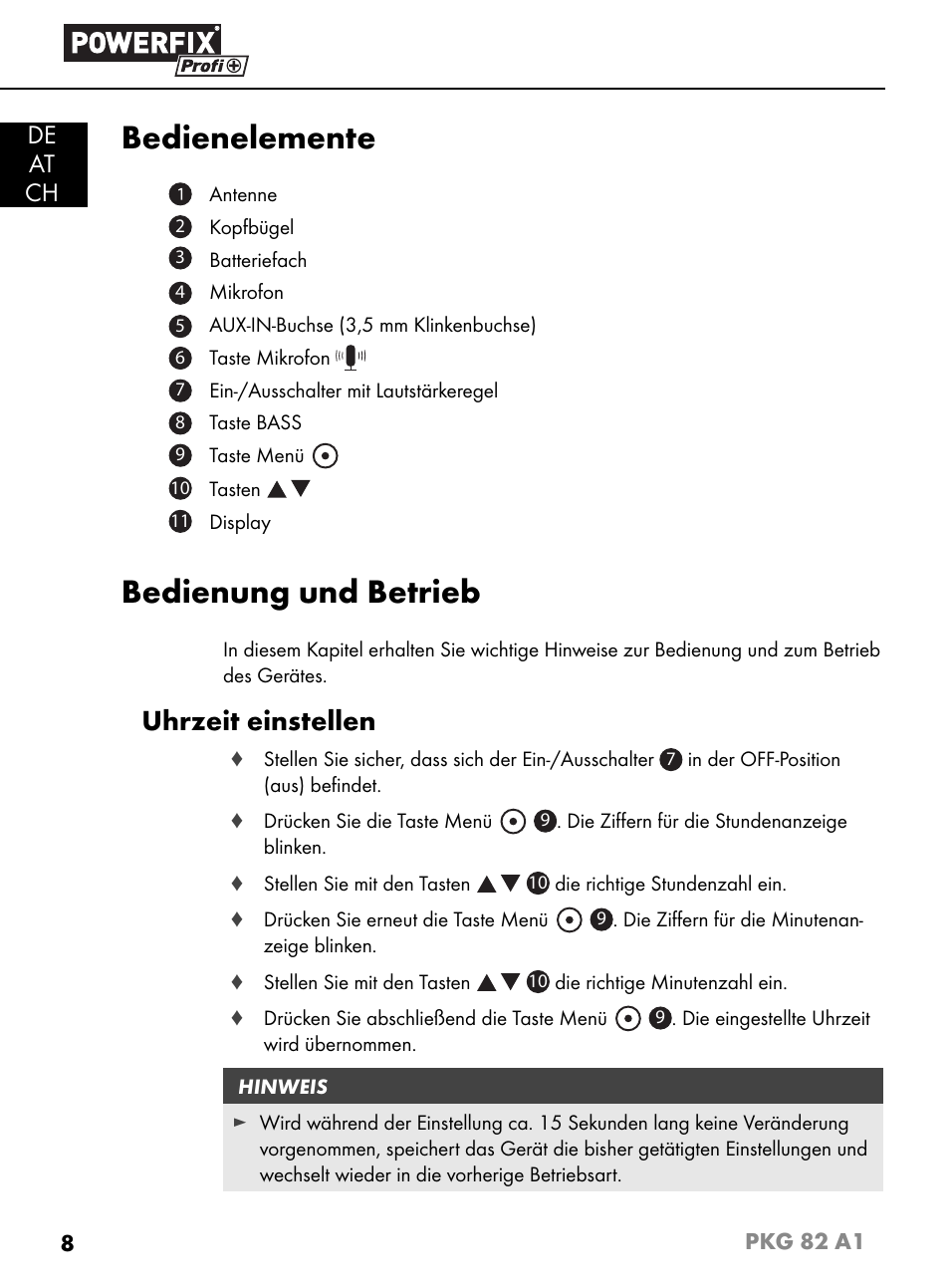 Bedienelemente, Bedienung und betrieb, Uhrzeit einstellen | De at ch | Powerfix PKG 82 A1 User Manual | Page 11 / 84