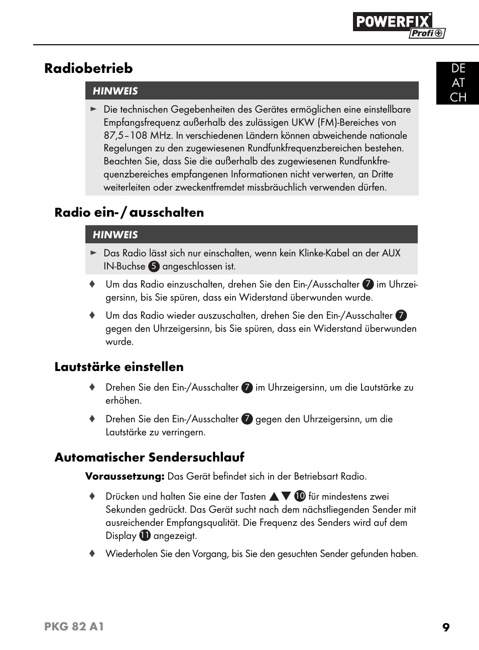 Radiobetrieb, Ein- / au, De at ch | Radio, Sschalten, Lautstärke einstellen, Automatischer sendersuchlauf | Powerfix PKG 82 A1 User Manual | Page 12 / 84