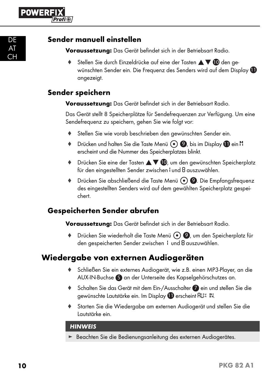 Wiedergabe von externen audiogeräten, De at ch sender manuell einstellen, Sender speichern | Gespeicherten sender abrufen | Powerfix PKG 82 A1 User Manual | Page 13 / 84