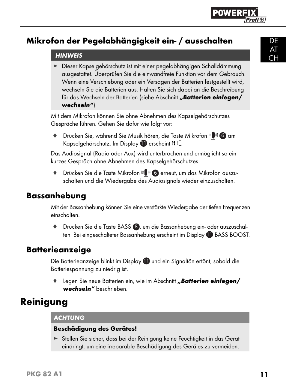 Reinigung, Mikrofon der pegelabhängigkeit ein- / ausschalten, Bassanhebung | Batterieanzeige, De at ch | Powerfix PKG 82 A1 User Manual | Page 14 / 84