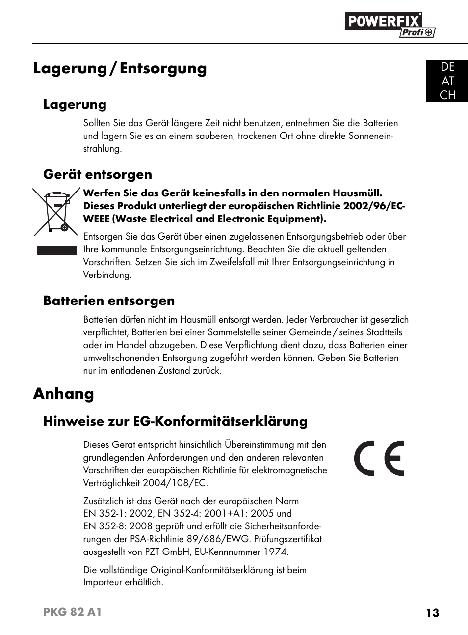 Lagerung / entsorgung, Anhang, Lagerung | Gerät entsorgen, Batterien entsorgen, Hinweise zur eg-konformitätserklärung | Powerfix PKG 82 A1 User Manual | Page 16 / 84