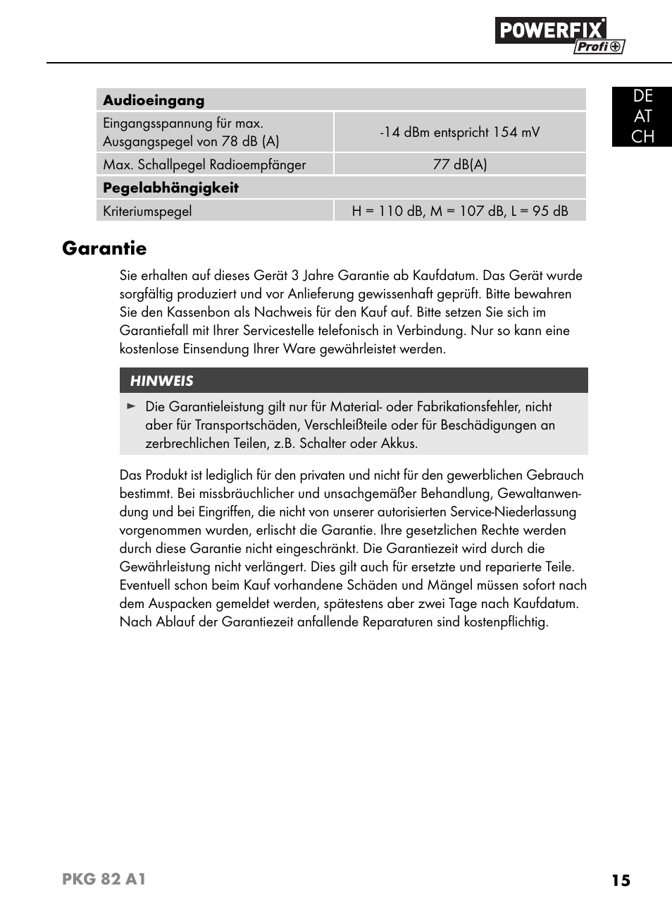 Garantie, De at ch | Powerfix PKG 82 A1 User Manual | Page 18 / 84