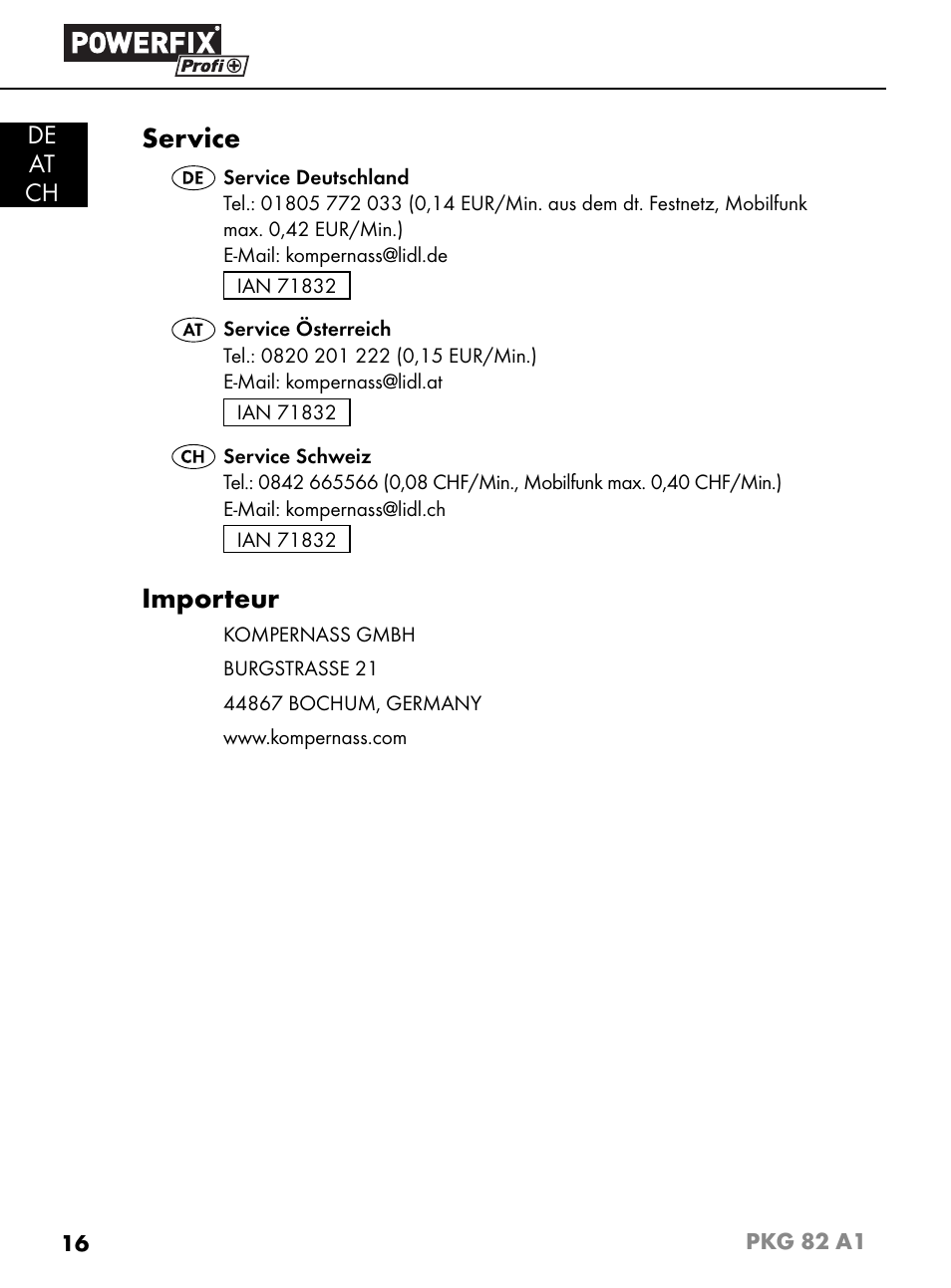 Service, Importeur, De at ch | Powerfix PKG 82 A1 User Manual | Page 19 / 84