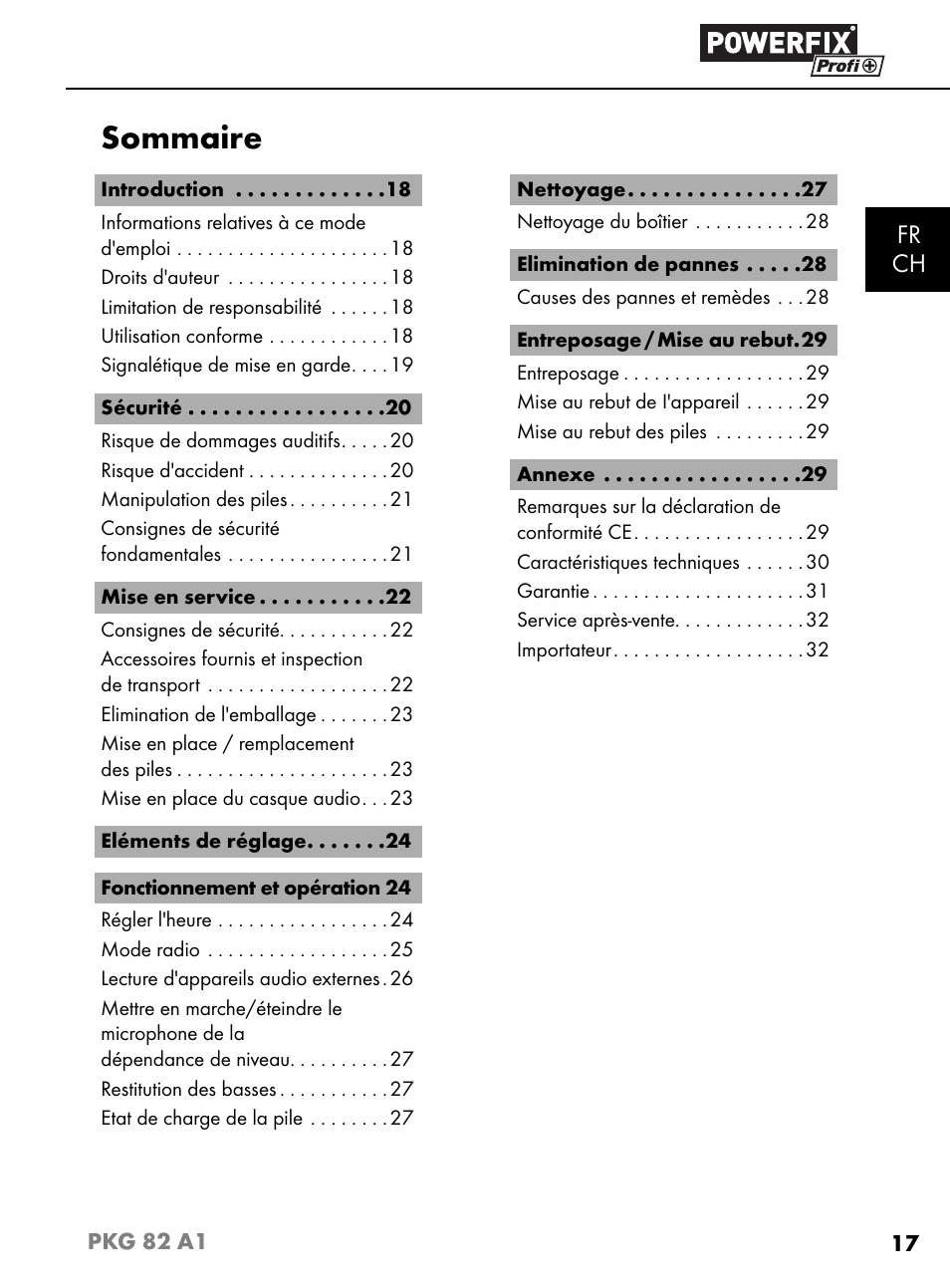 Sommaire, Fr ch | Powerfix PKG 82 A1 User Manual | Page 20 / 84