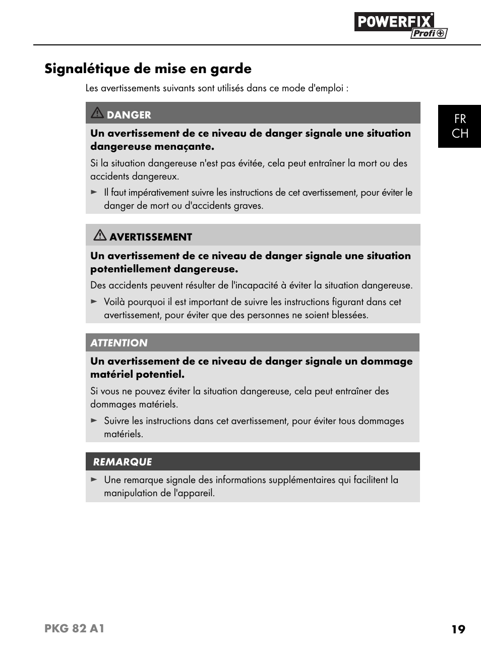 Signalétique de mise en garde, Fr ch | Powerfix PKG 82 A1 User Manual | Page 22 / 84