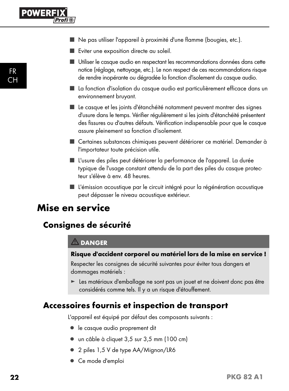 Mise en service, Consignes de sécurité, Accessoires fournis et inspection de transport | Fr ch | Powerfix PKG 82 A1 User Manual | Page 25 / 84