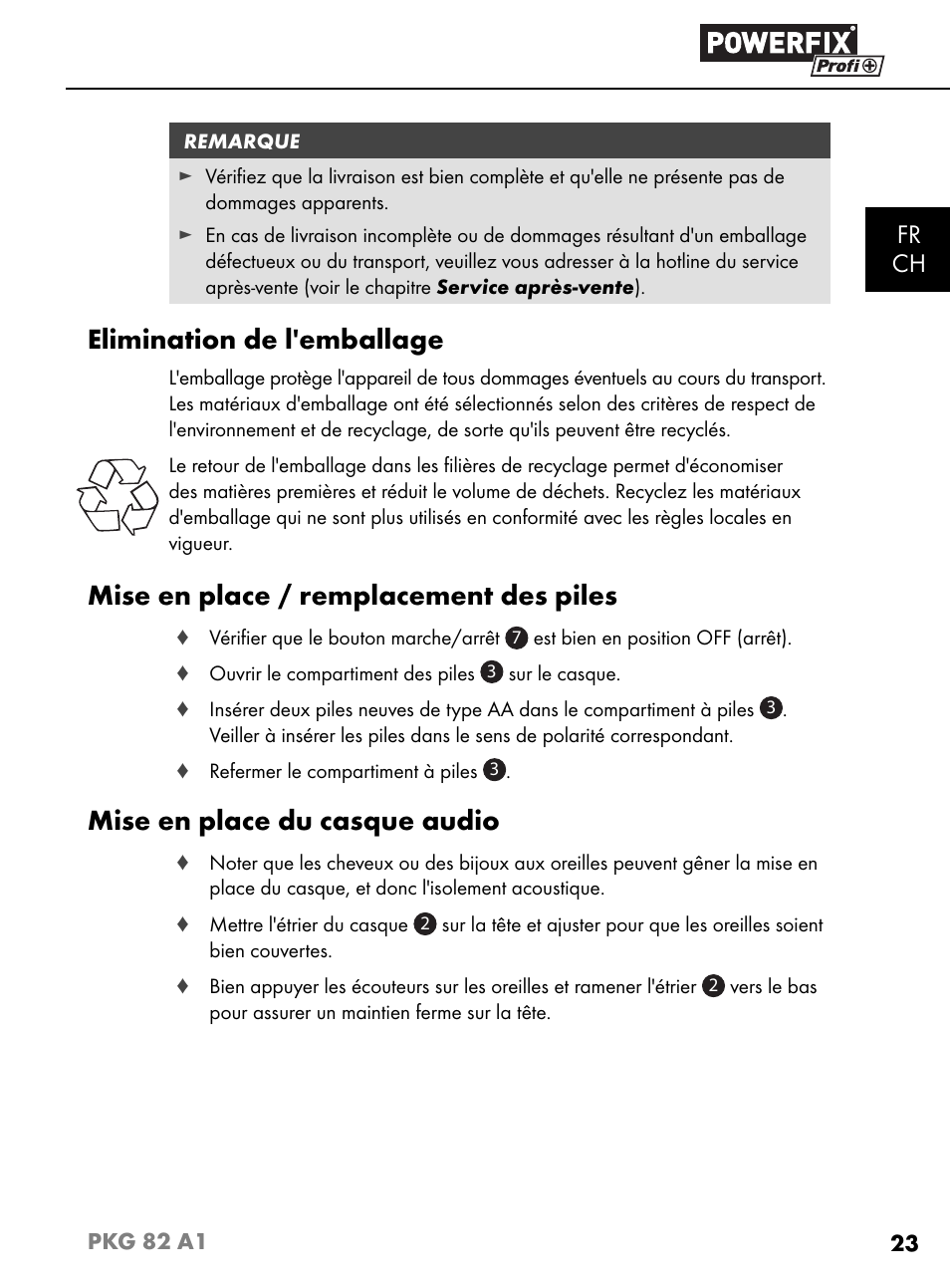 Elimination de l'emballage, Mise en place / remplacement des piles, Mise en place du casque audio | Fr ch | Powerfix PKG 82 A1 User Manual | Page 26 / 84