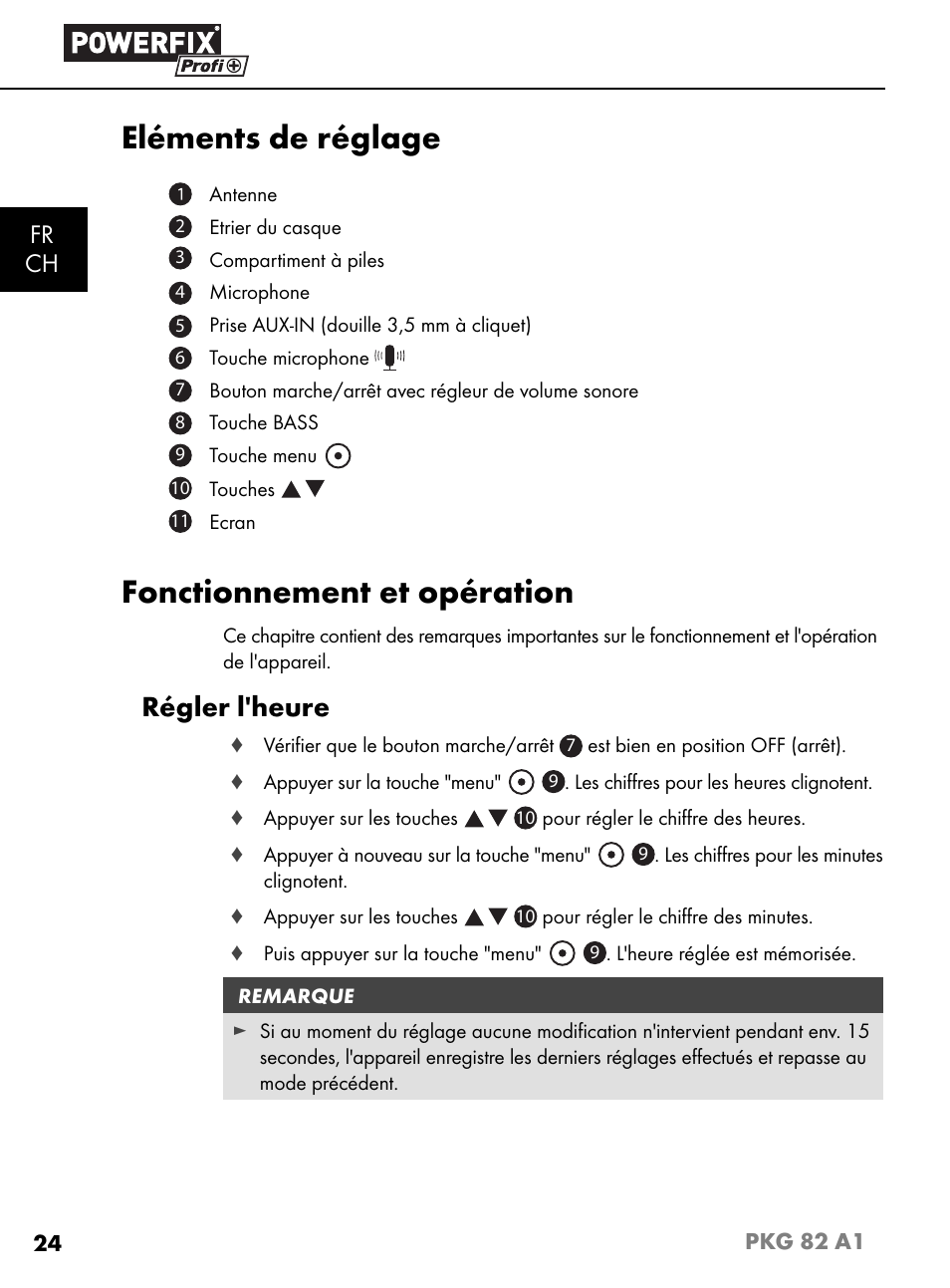 Eléments de réglage, Fonctionnement et opération, Régler l'heure | Fr ch | Powerfix PKG 82 A1 User Manual | Page 27 / 84