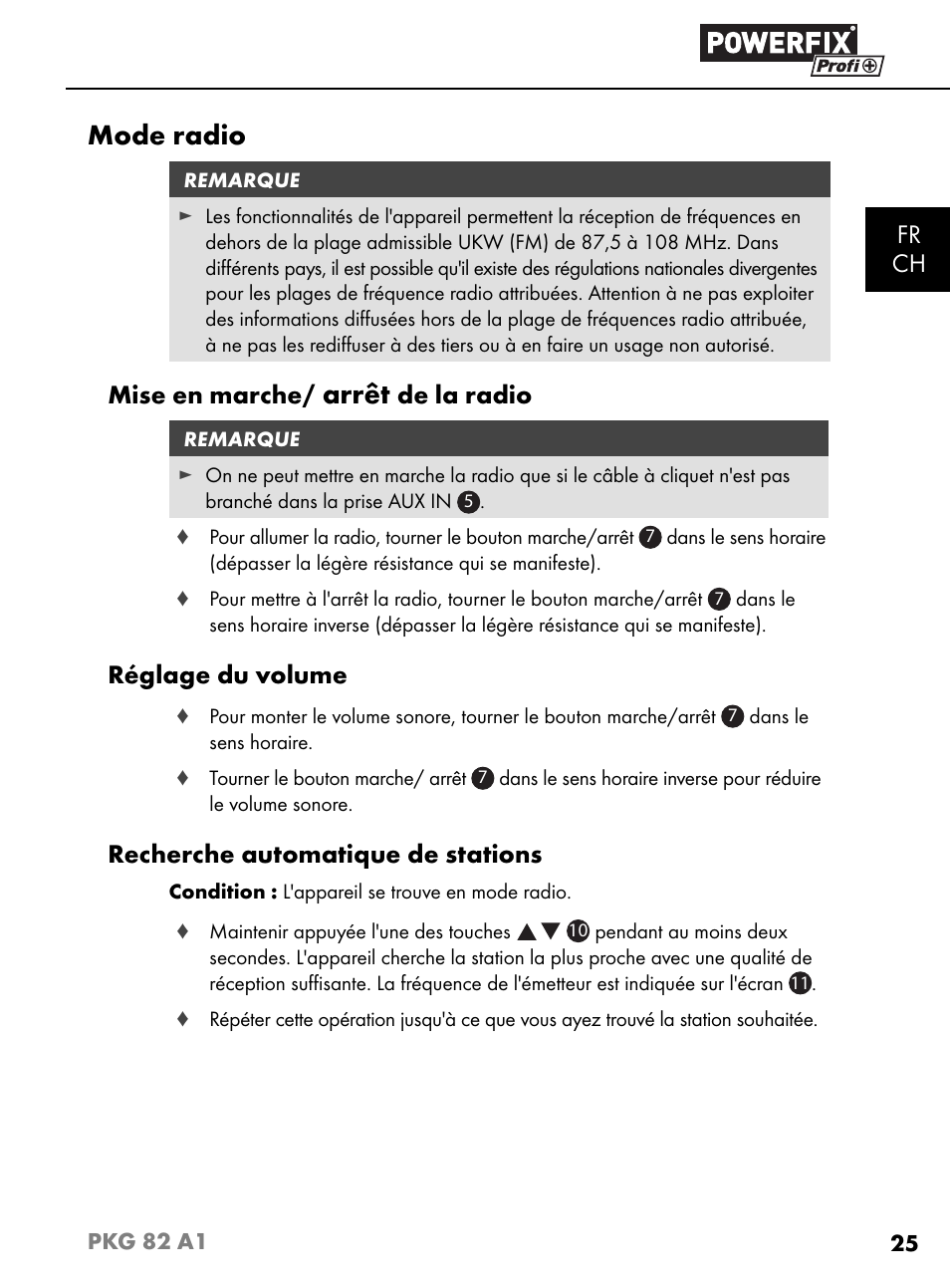Mode radio, Arrêt, Fr ch | Mise en marche, De la radio, Réglage du volume, Recherche automatique de stations | Powerfix PKG 82 A1 User Manual | Page 28 / 84
