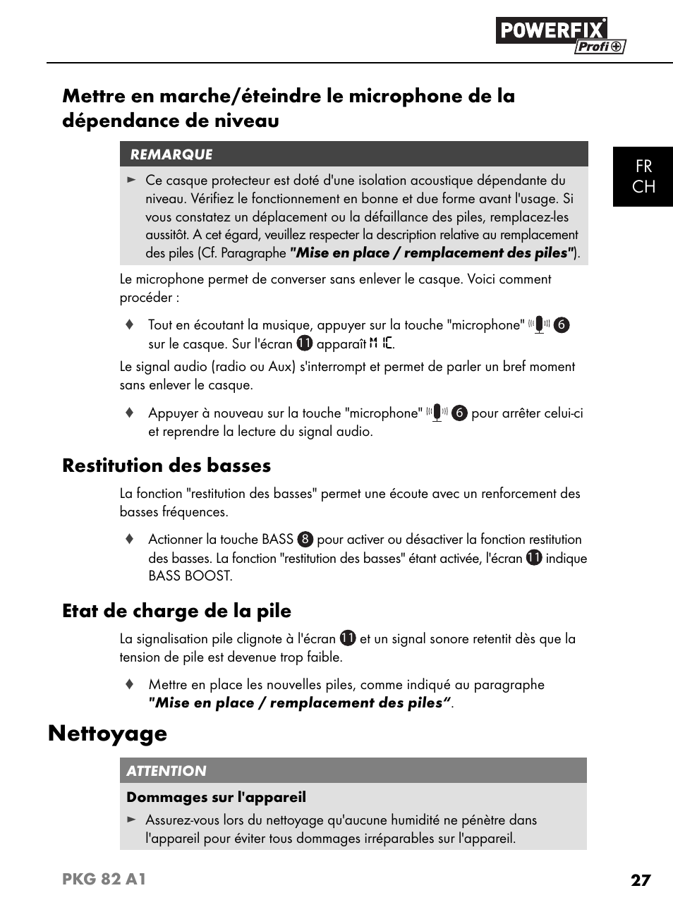 Nettoyage, Restitution des basses, Etat de charge de la pile | Fr ch | Powerfix PKG 82 A1 User Manual | Page 30 / 84