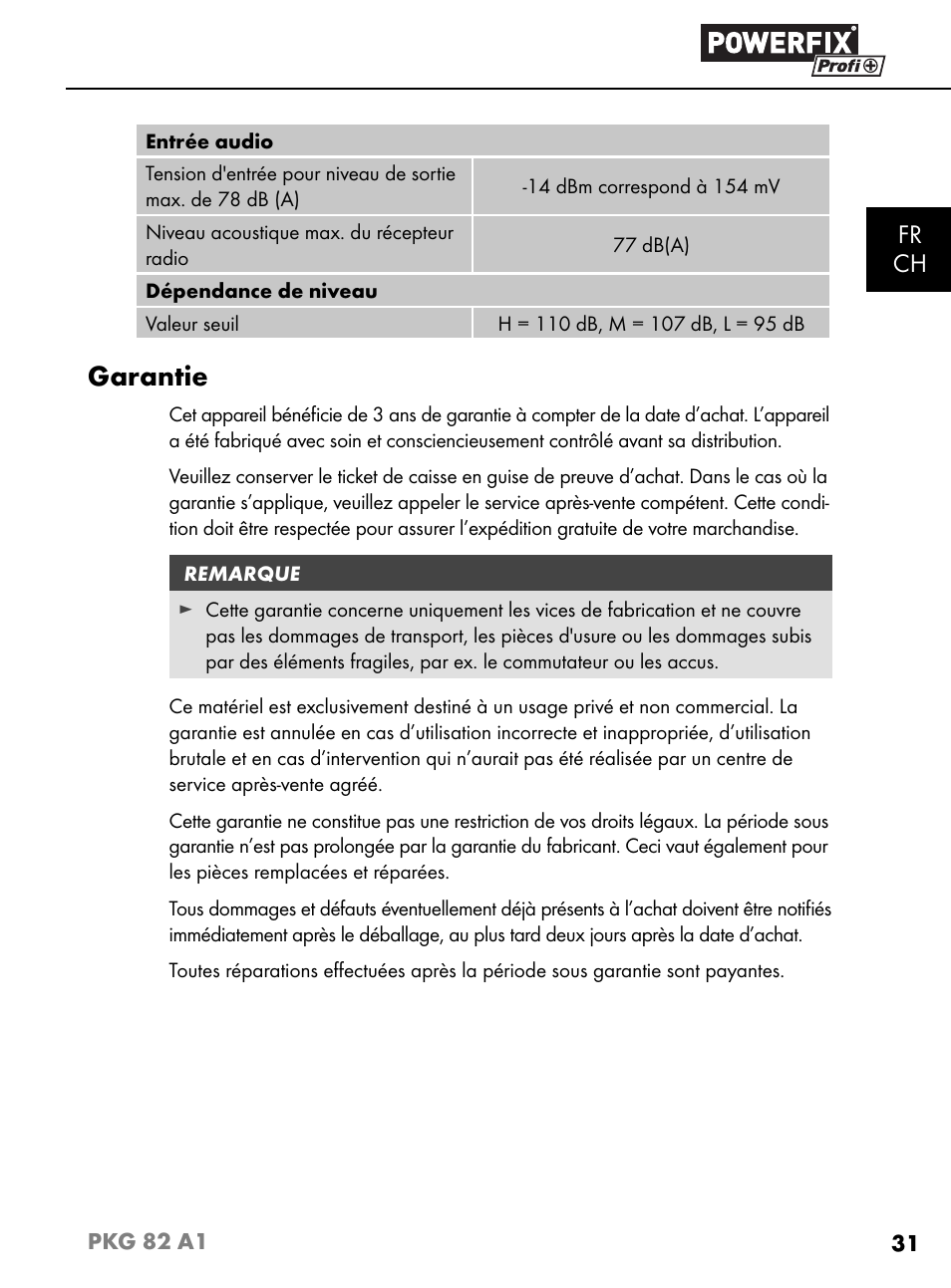 Garantie, Fr ch | Powerfix PKG 82 A1 User Manual | Page 34 / 84