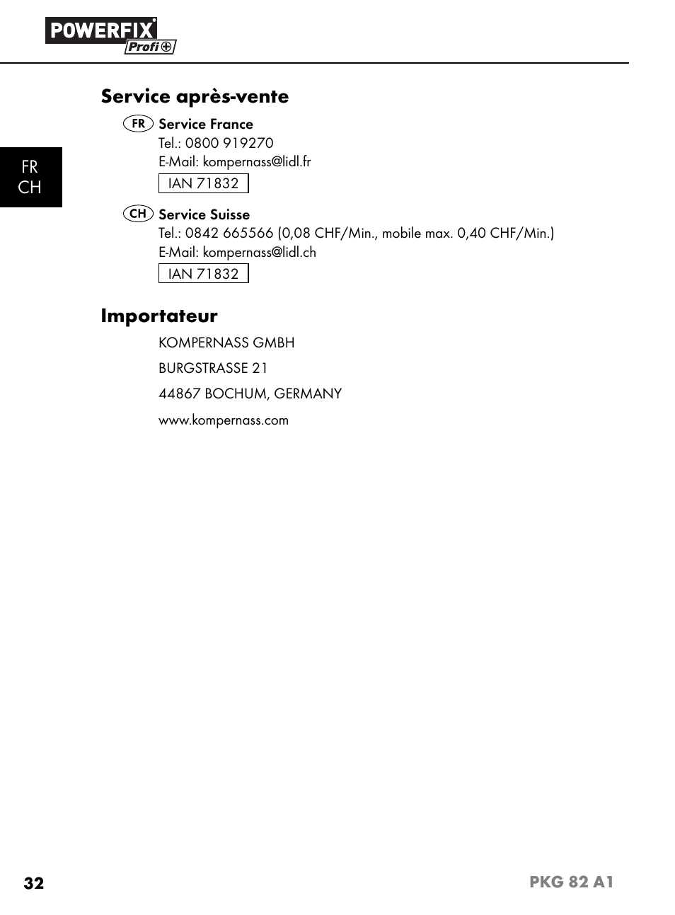 Service après-vente, Importateur, Fr ch | Powerfix PKG 82 A1 User Manual | Page 35 / 84