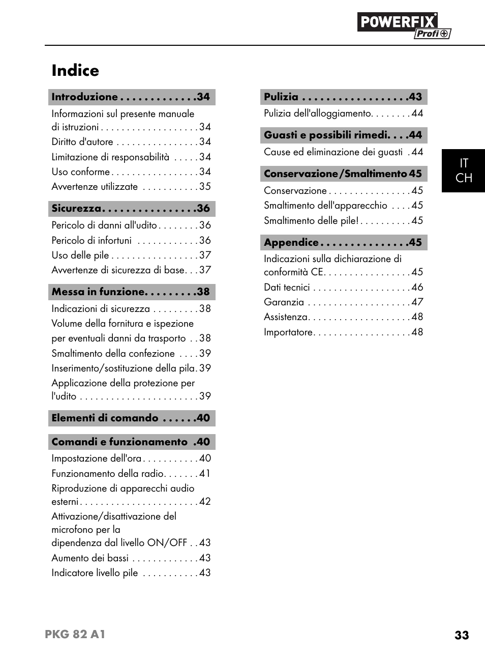 Indice, It ch | Powerfix PKG 82 A1 User Manual | Page 36 / 84