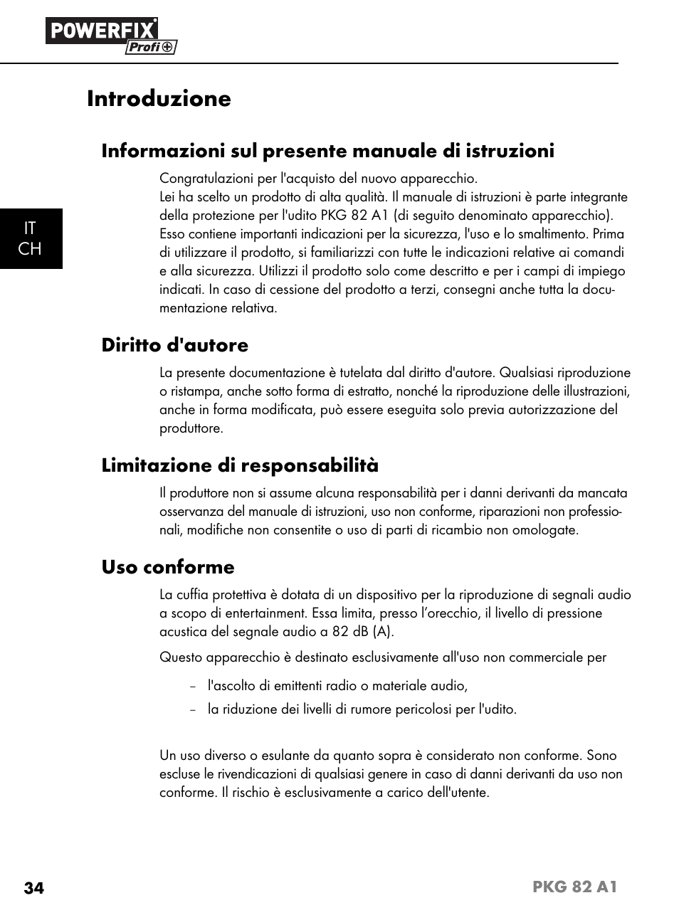 Introduzione, Informazioni sul presente manuale di istruzioni, Diritto d'autore | Limitazione di responsabilità, Uso conforme | Powerfix PKG 82 A1 User Manual | Page 37 / 84