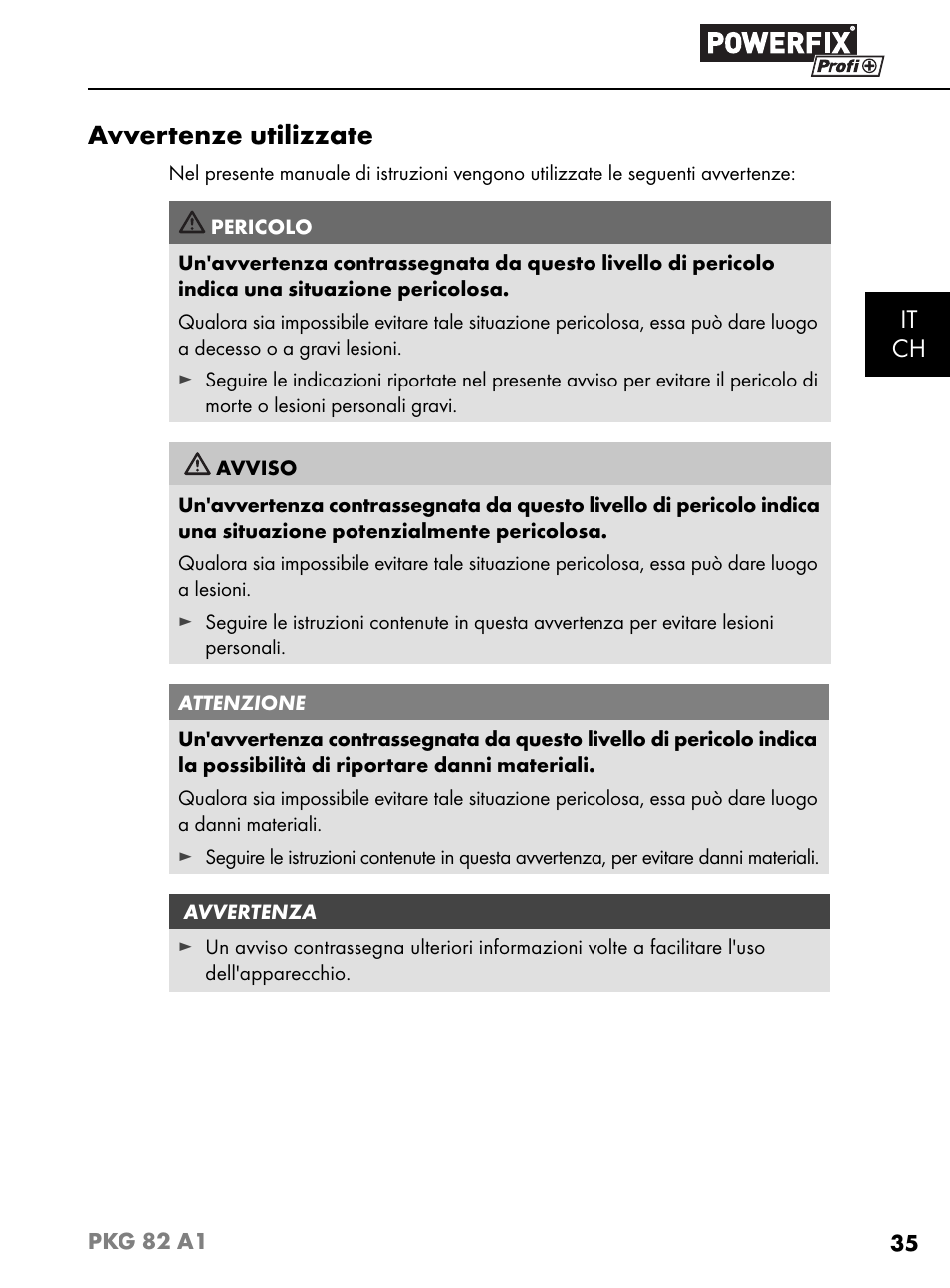 Avvertenze utilizzate, It ch | Powerfix PKG 82 A1 User Manual | Page 38 / 84