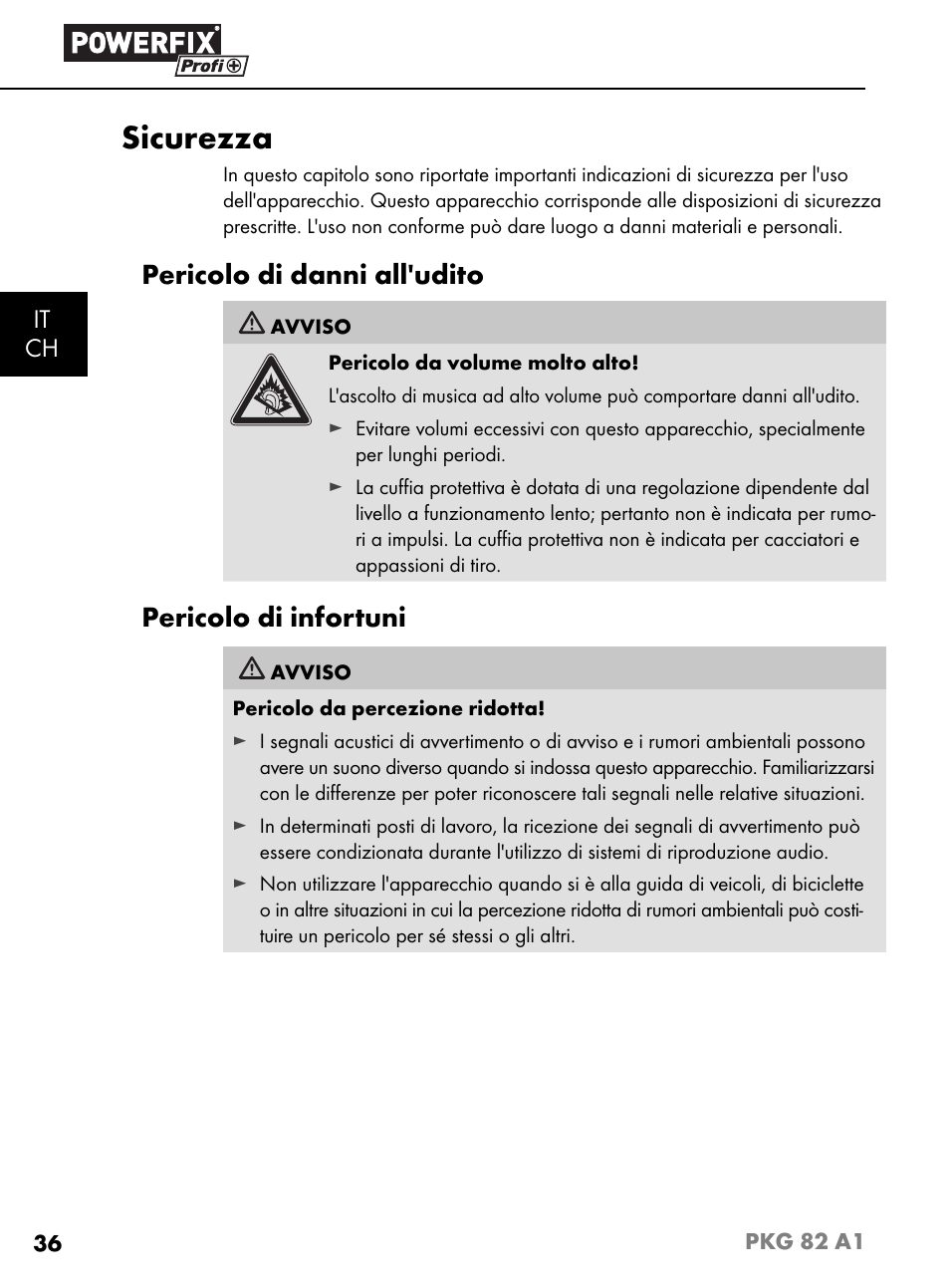 Sicurezza, Pericolo di danni all'udito, Pericolo di infortuni | It ch | Powerfix PKG 82 A1 User Manual | Page 39 / 84