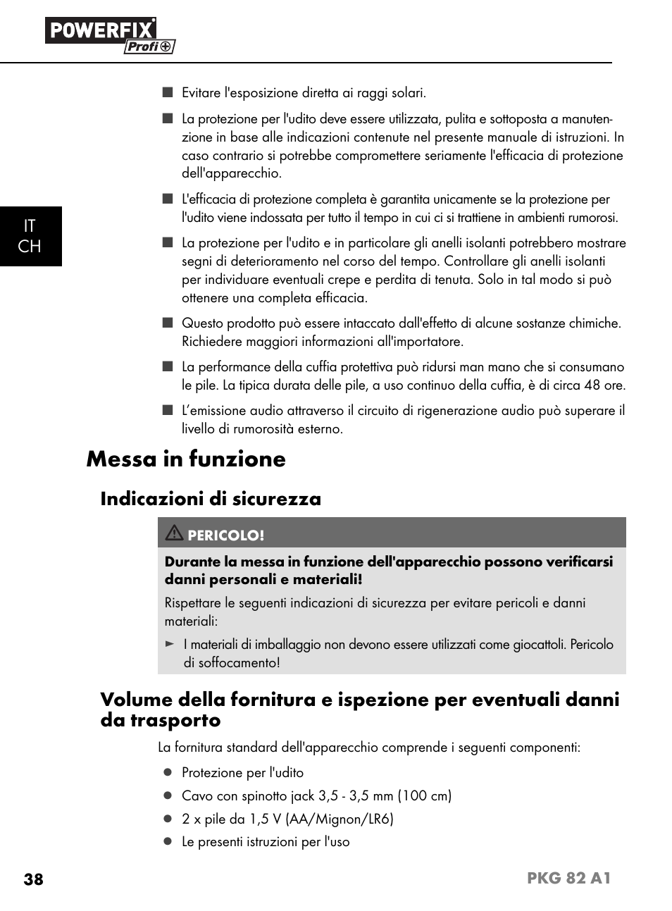Messa in funzione, Indicazioni di sicurezza, It ch | Powerfix PKG 82 A1 User Manual | Page 41 / 84